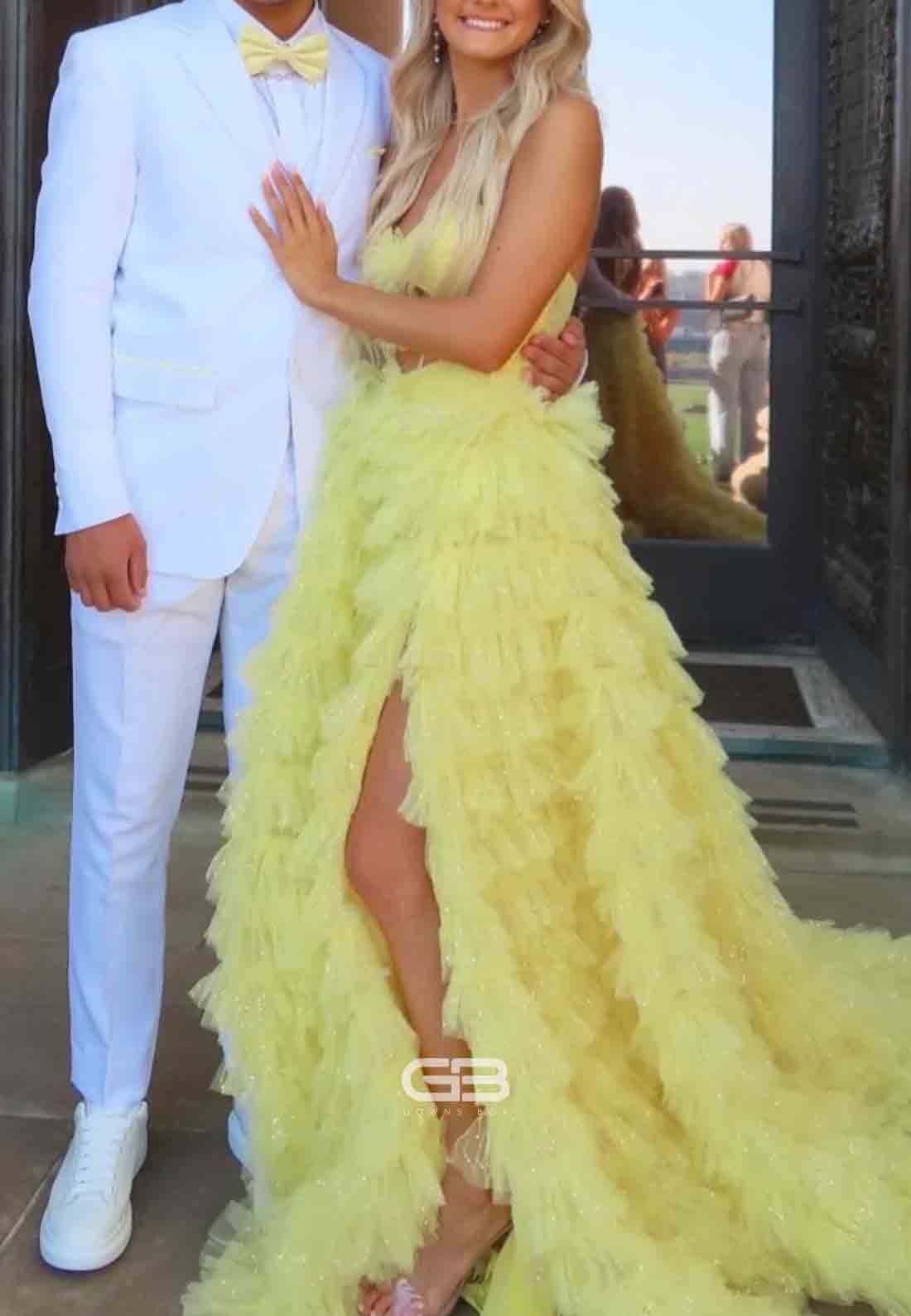 Yellow Sparkle Tulle Tiered A-Line Sweetheart Long Prom Dress with Keyhole