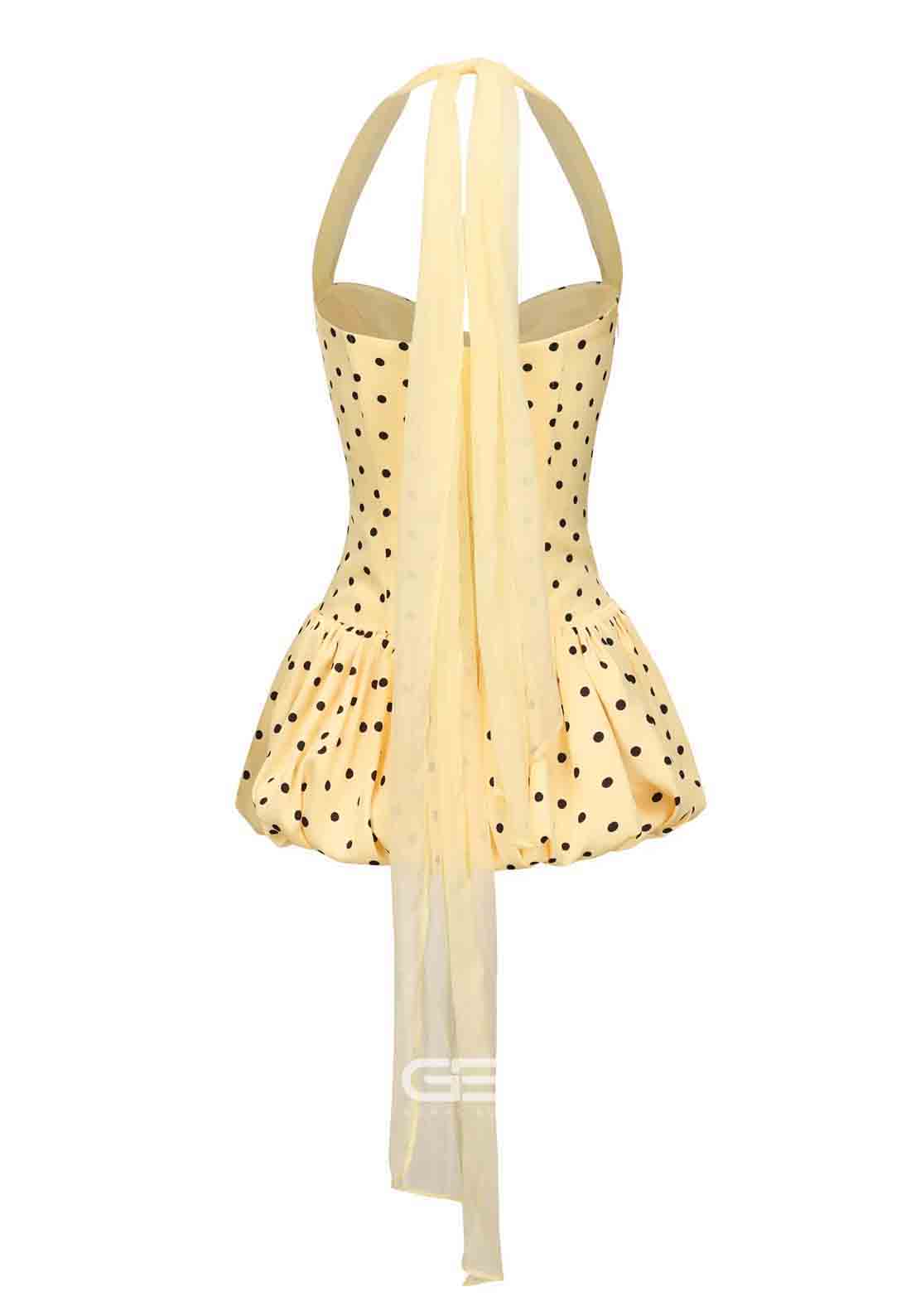 Yellow Halter Neck Spotted Ruched Sweetheart A-Line Mini Homecoming Dress