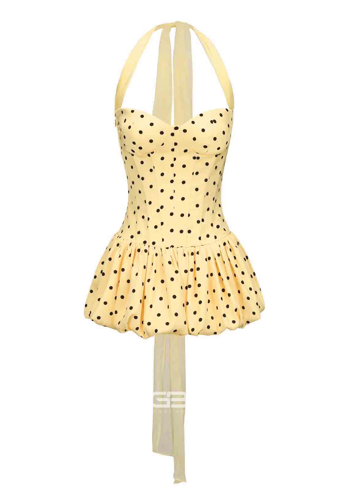 Yellow Halter Neck Spotted Ruched Sweetheart A-Line Mini Homecoming Dress