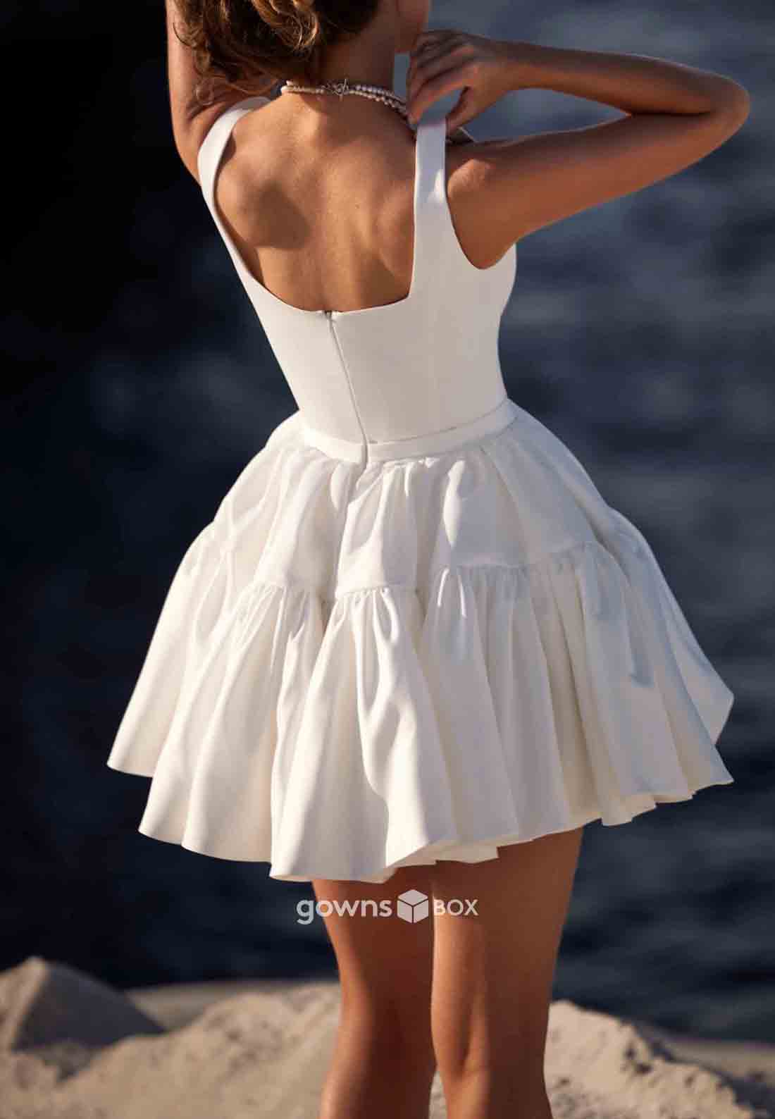 Square Neck Ball Gown Sleeveless Regular Straps Pleated Beach Mini Wedding Dresses-GownsBox