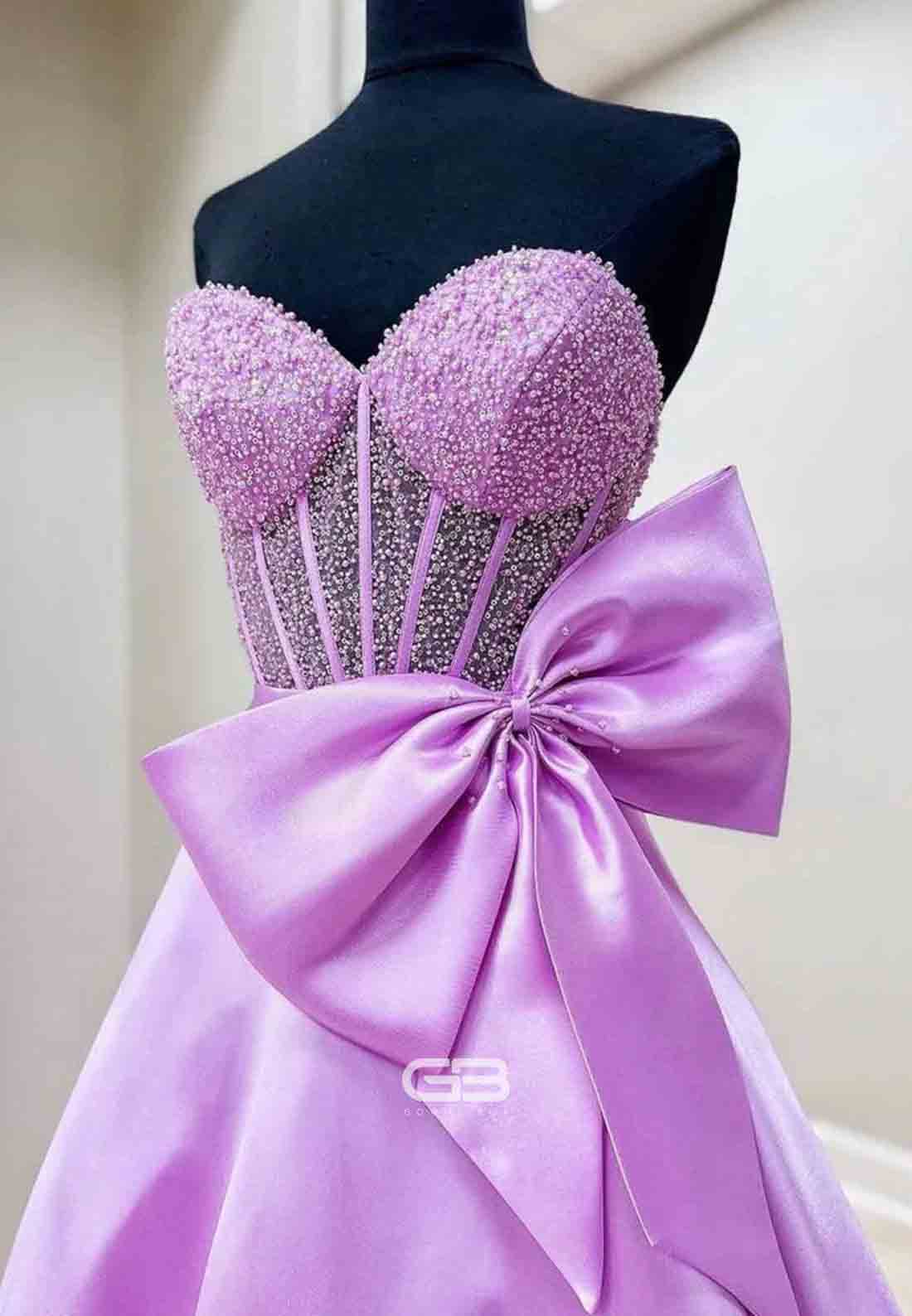 Sweetheart Satin Strapless Beaded A-Line Prom Dresses with Bowknot