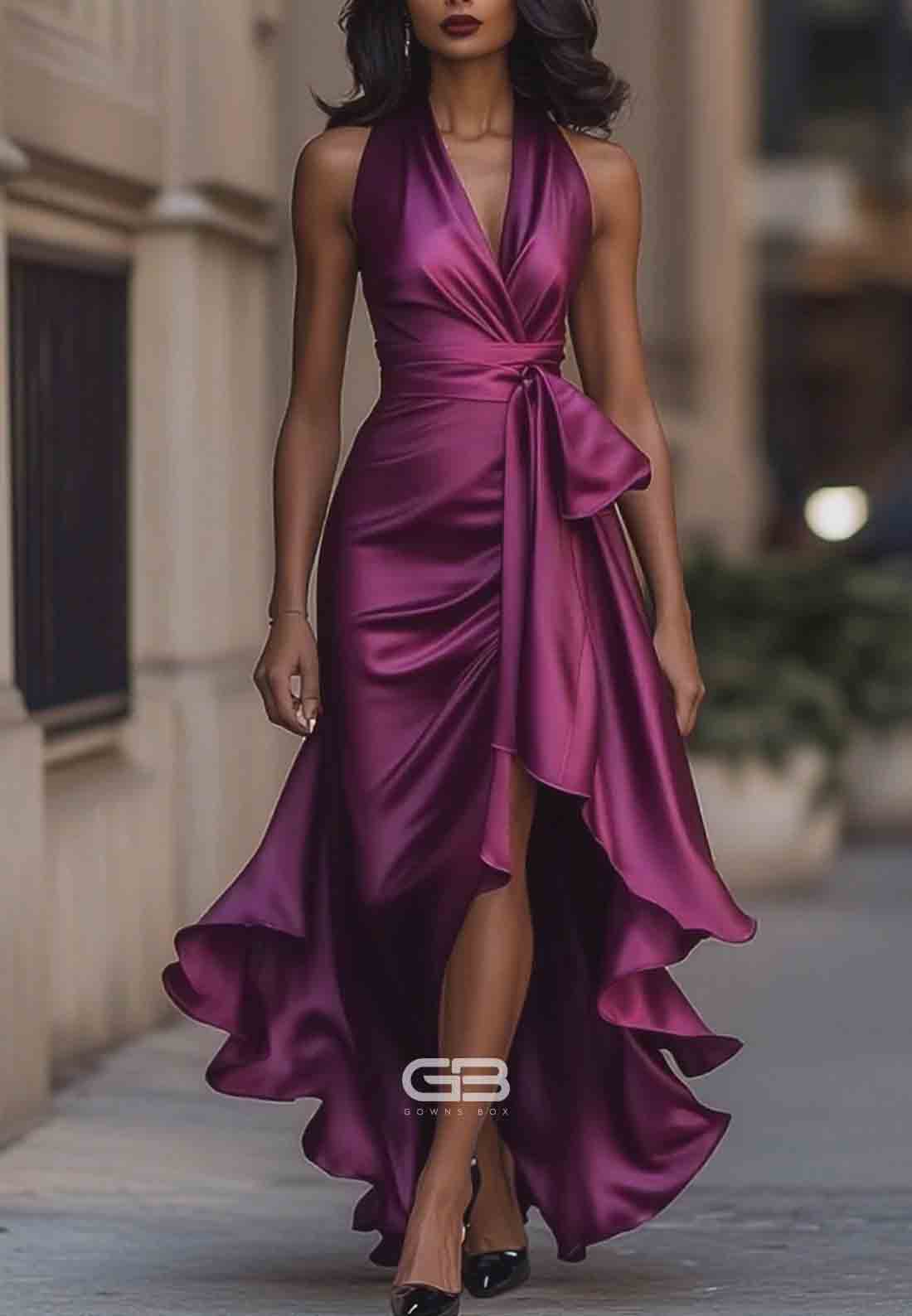 Elegant V-Neck Pleated Satin Halter Neck Asymmetrical Satin Evening Gowns