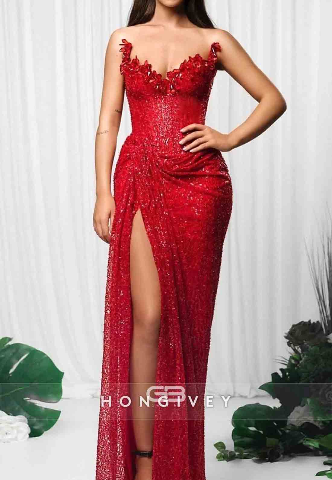 Red Floor-Length V-Neck High Slit Prom Dresses