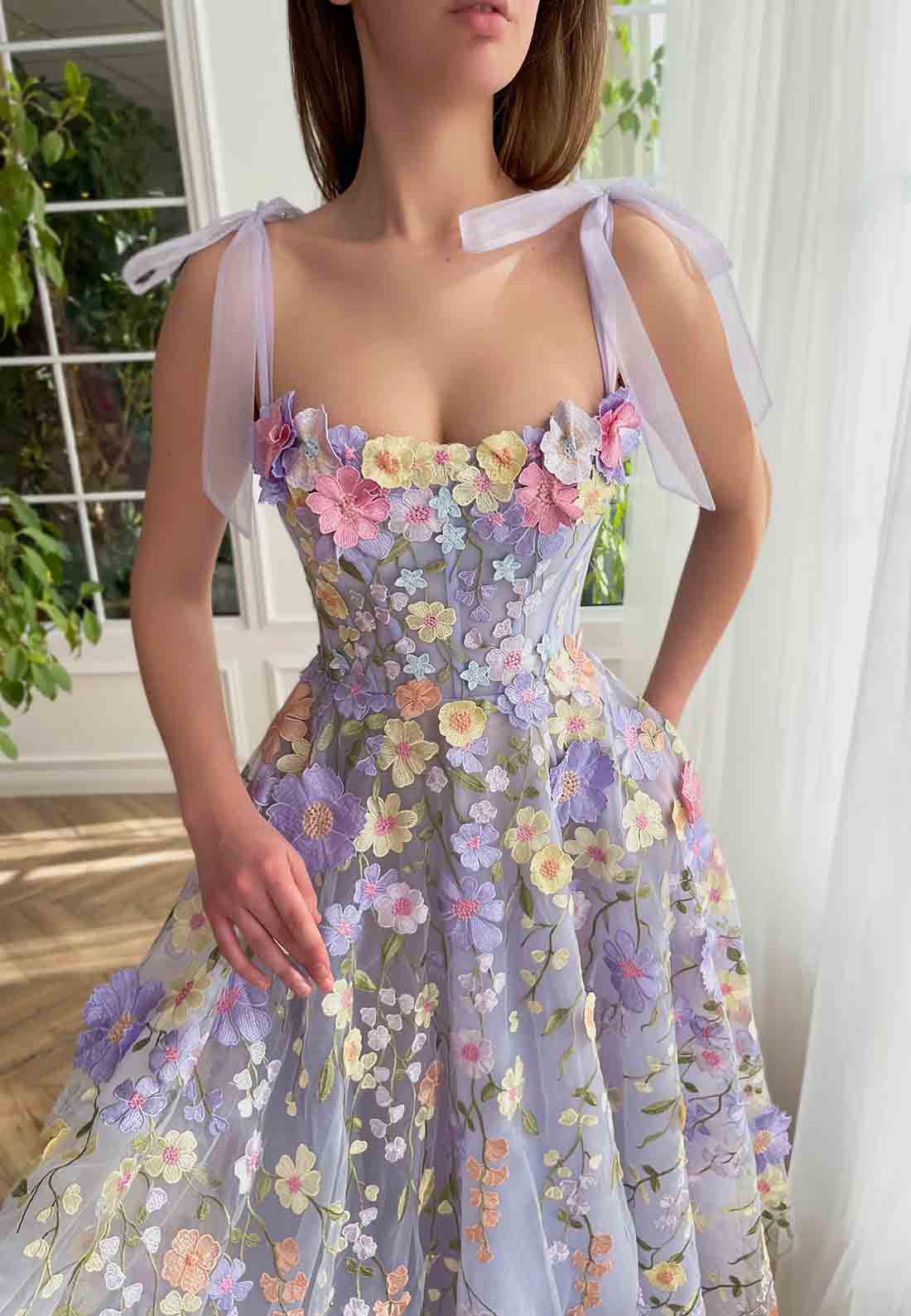 Lilac Midi Dress with Square Neck Spaghetti Straps and Embroidered Flowers