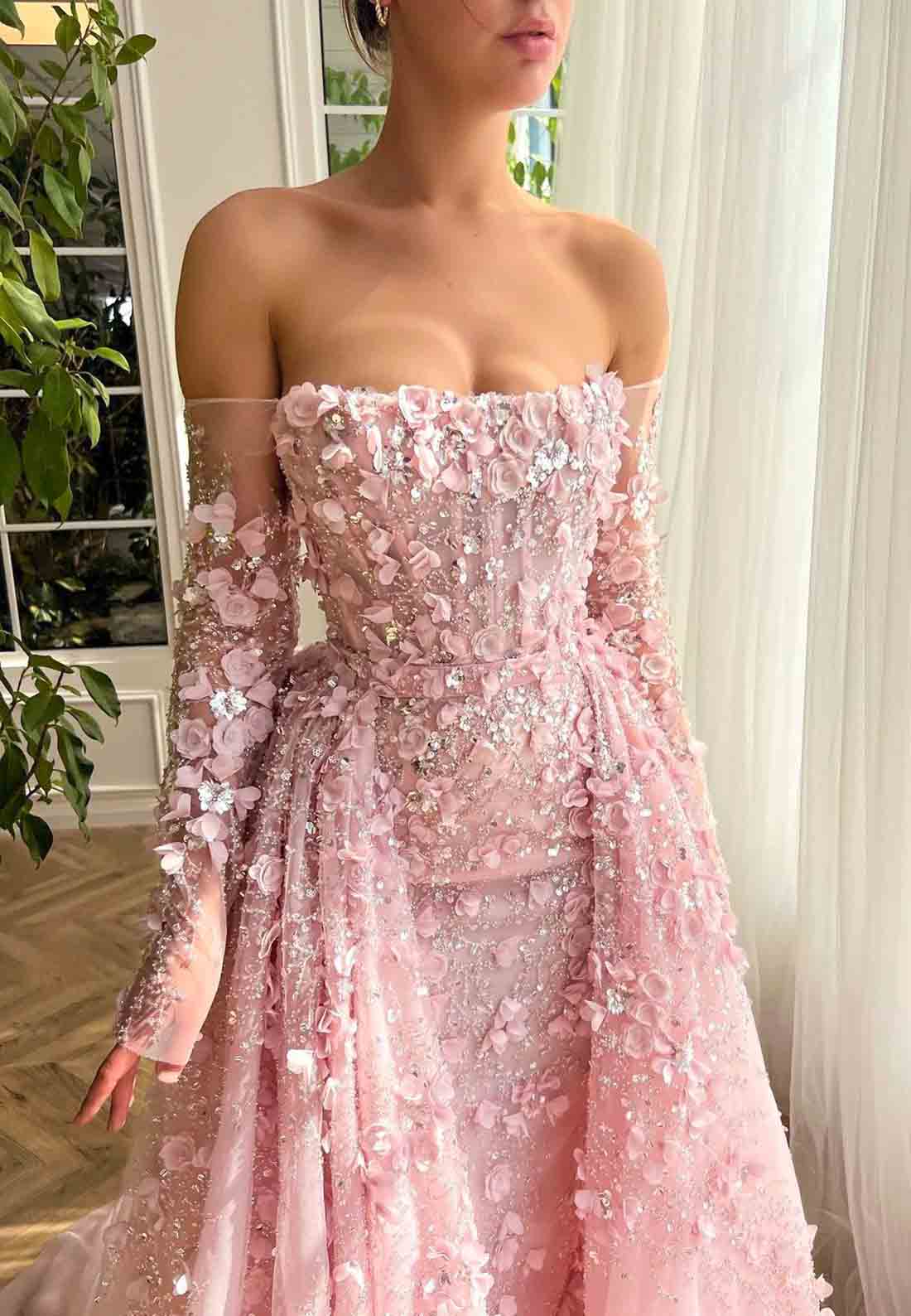 Pink Overskirt and A-Line dress with Off the Shoulder Long Sleeves and Embroidery