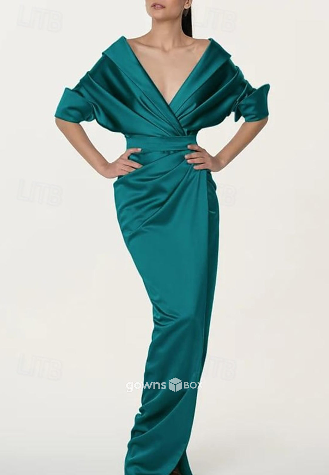 V-Neck Half Sleeves Satin Pleated sheath High Slit Ankle-Length Mother of Bride Dresses-GownsBox