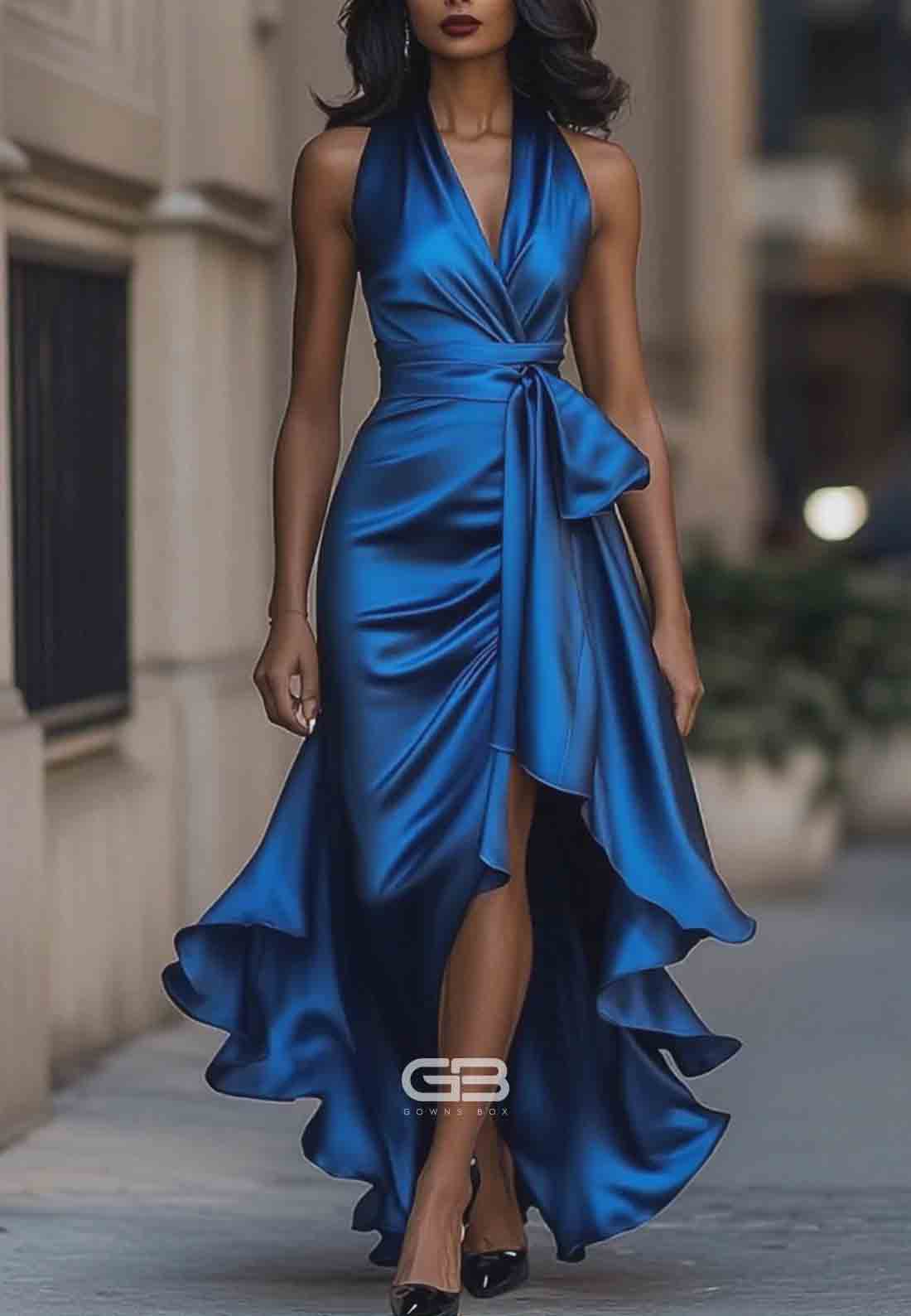 Elegant V-Neck Pleated Satin Halter Neck Asymmetrical Satin Evening Gowns