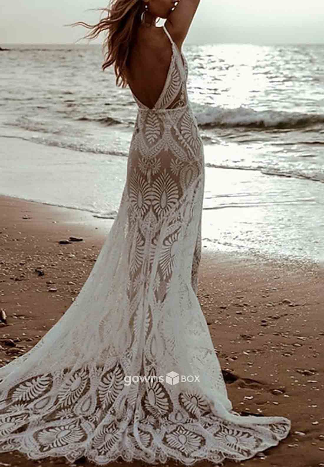 Beach Wedding Vintage Open Back Camisole Sleeveless V Neck Mermaid Wedding Dresses-GownsBox
