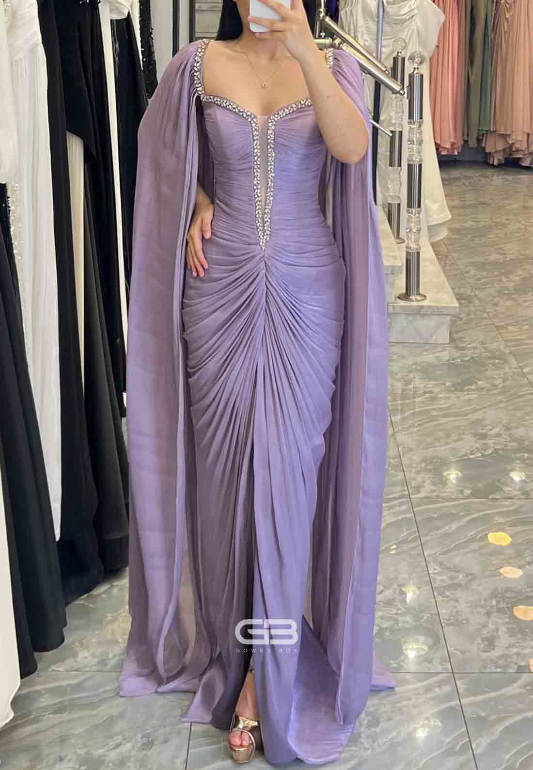 Pleated Sheath Floor-Length Chiffon Evening Gowns with Cape and Ruffles