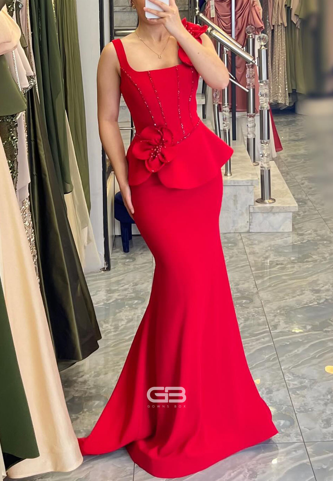 Green Regular Straps Corset Mermaid Evening Gowns with Shoulder Flower