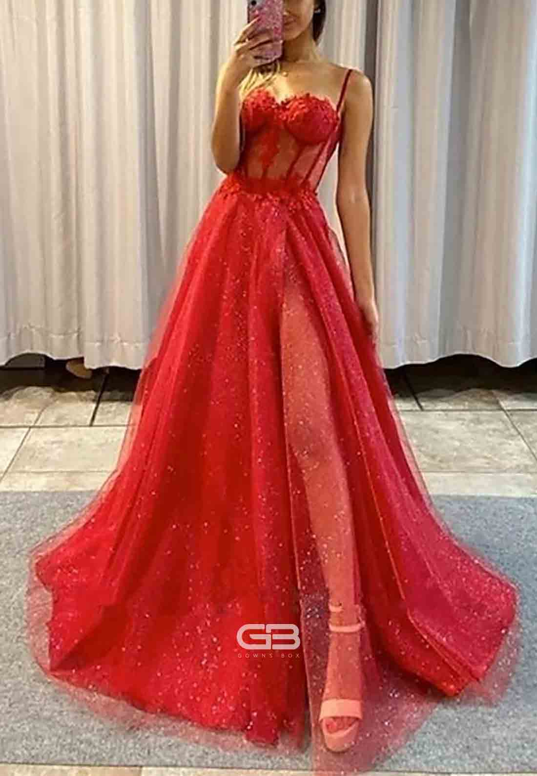 Glitter Low Back Spaghetti Straps Sweep Train A-Line High Slit Prom Dresses 