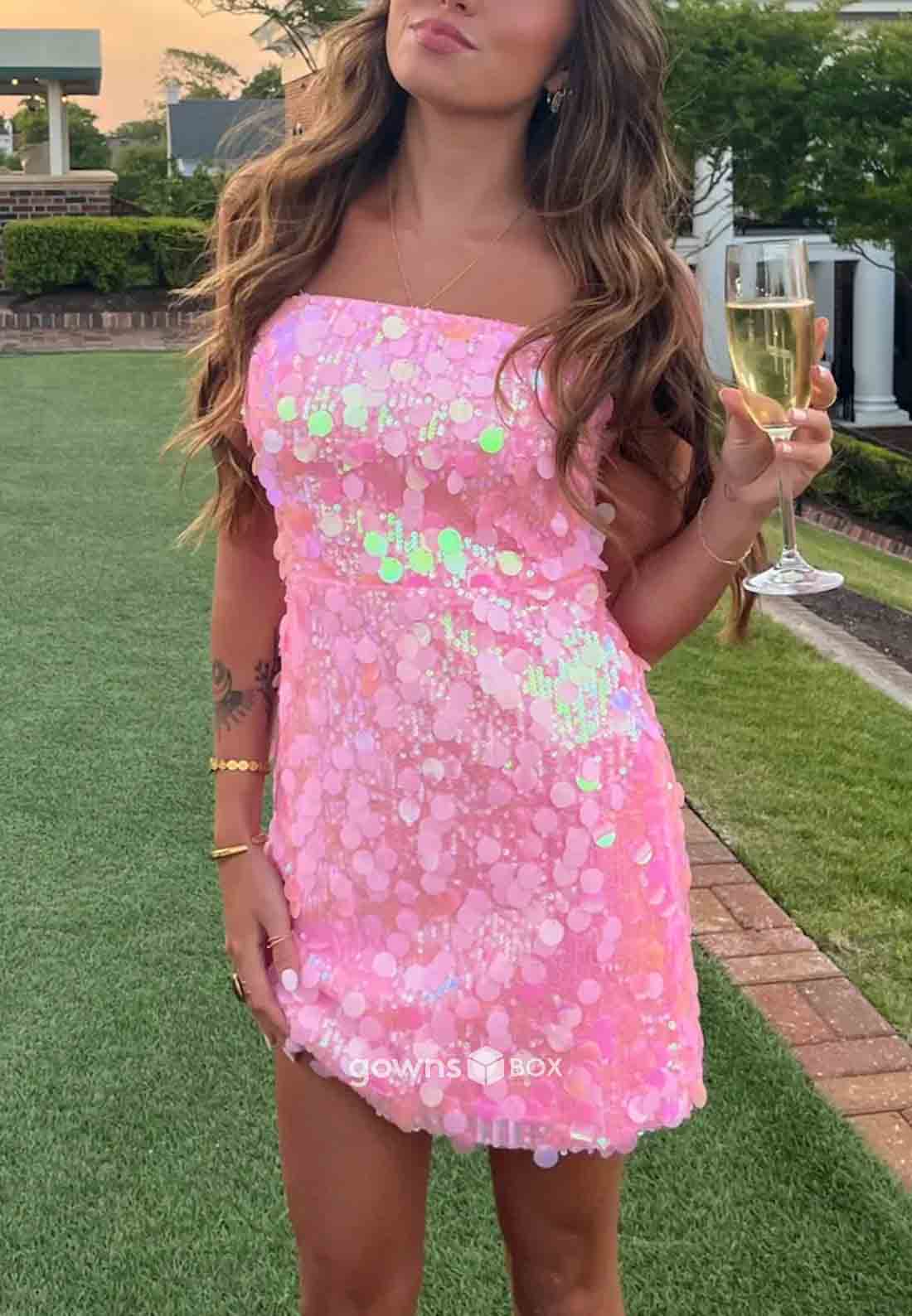 Sparkly Sheath Strapless Pink Sleeveless Sequins Short Homecoming Dress-GownsBox