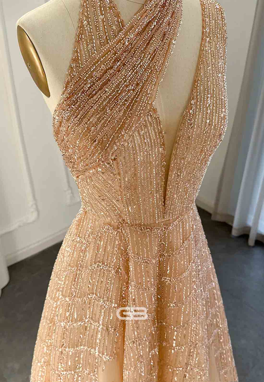 Luxury One Shoulder A-Line Prom Dresses Halter Evening Dress with Beading