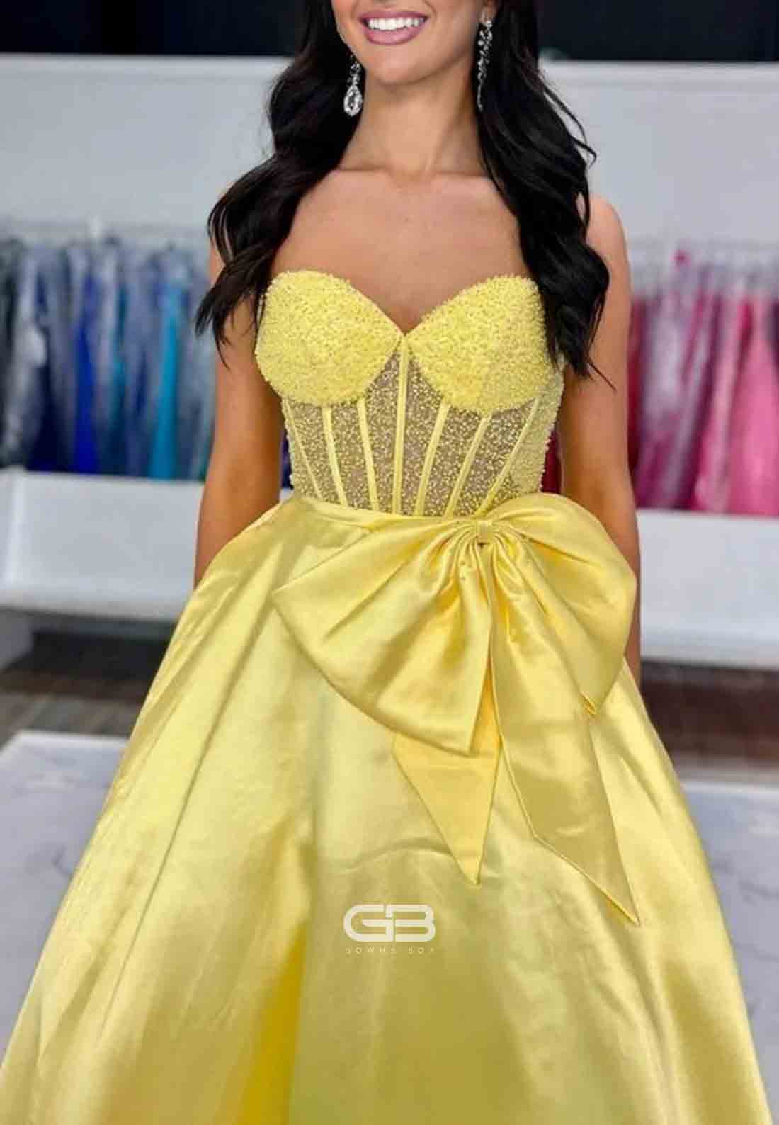 Sweetheart Satin Strapless Beaded A-Line Prom Dresses with Bowknot