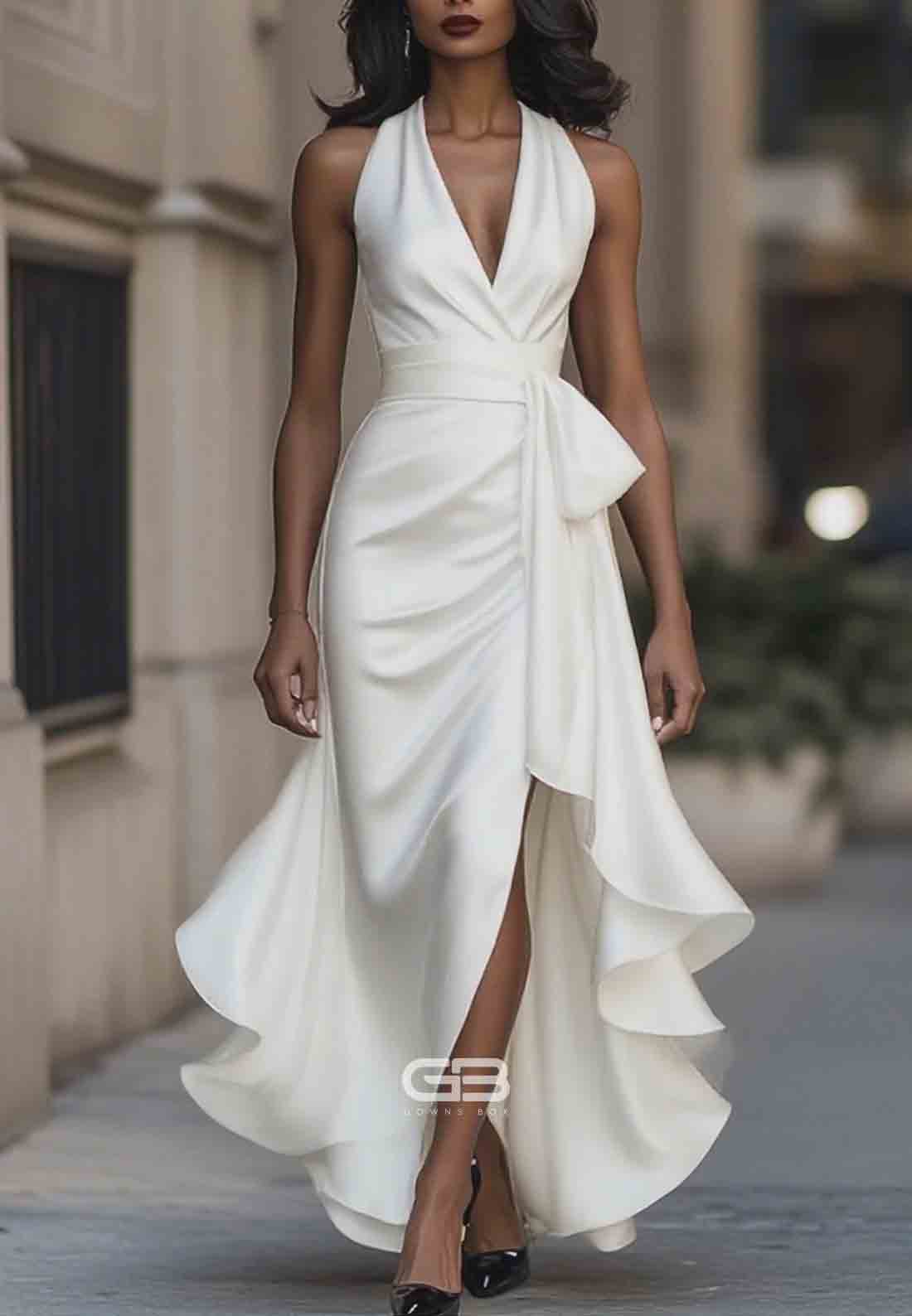 Elegant V-Neck Pleated Satin Halter Neck Asymmetrical Satin Evening Gowns