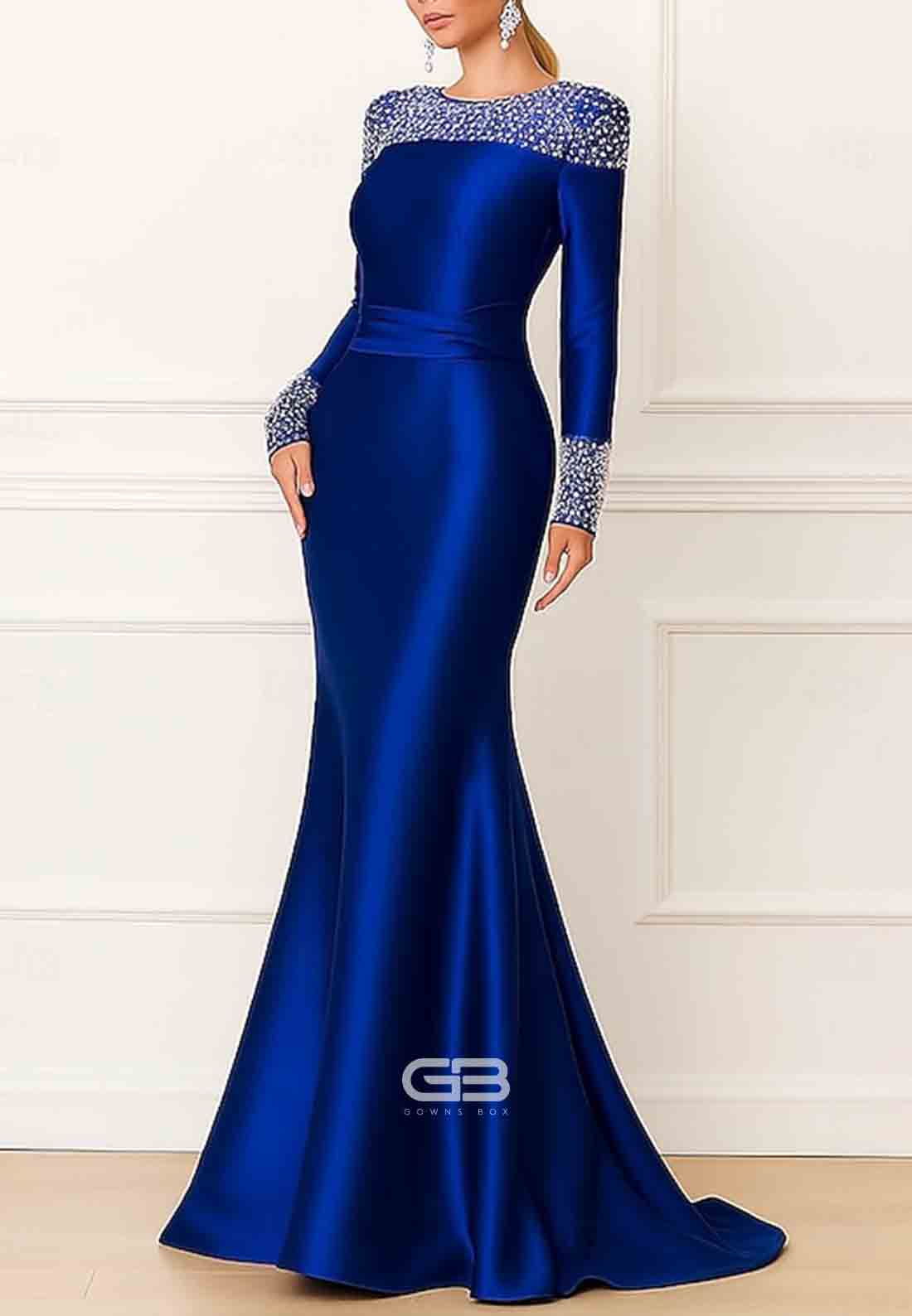 Satin Floor-Length Scoop Long Sleeves Mermaid Evening Gowns