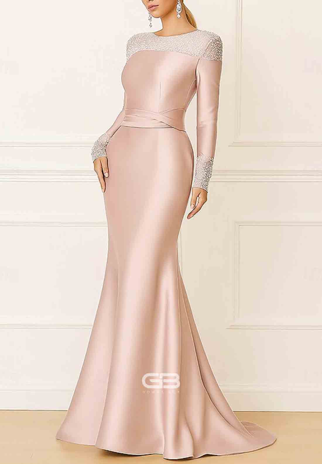 Satin Floor-Length Scoop Long Sleeves Mermaid Evening Gowns