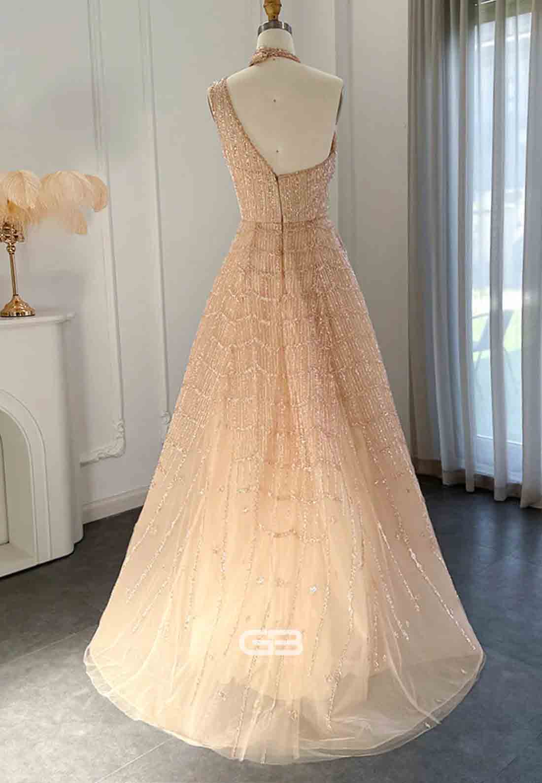 Luxury One Shoulder A-Line Prom Dresses Halter Evening Dress with Beading