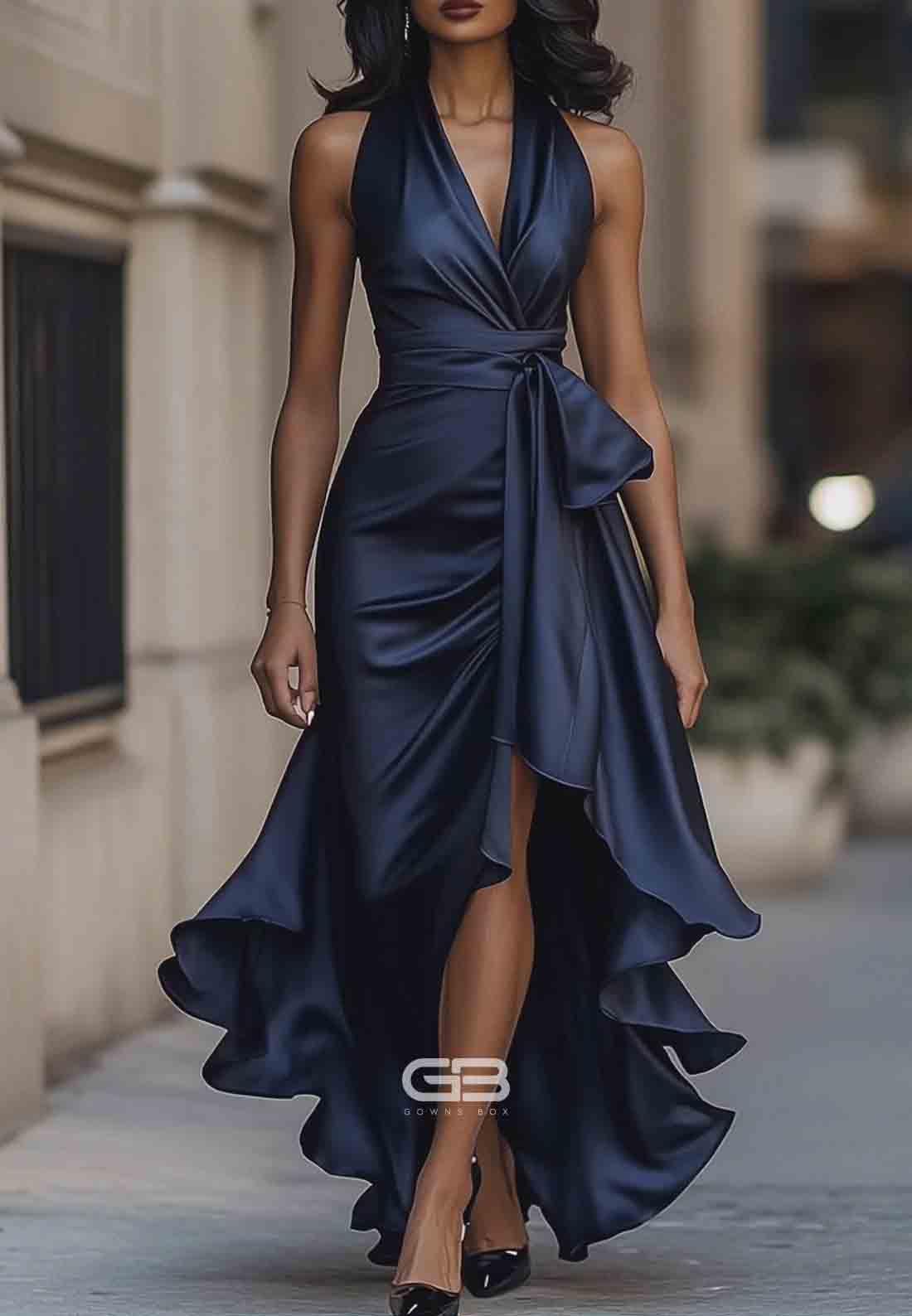 Elegant V-Neck Pleated Satin Halter Neck Asymmetrical Satin Evening Gowns