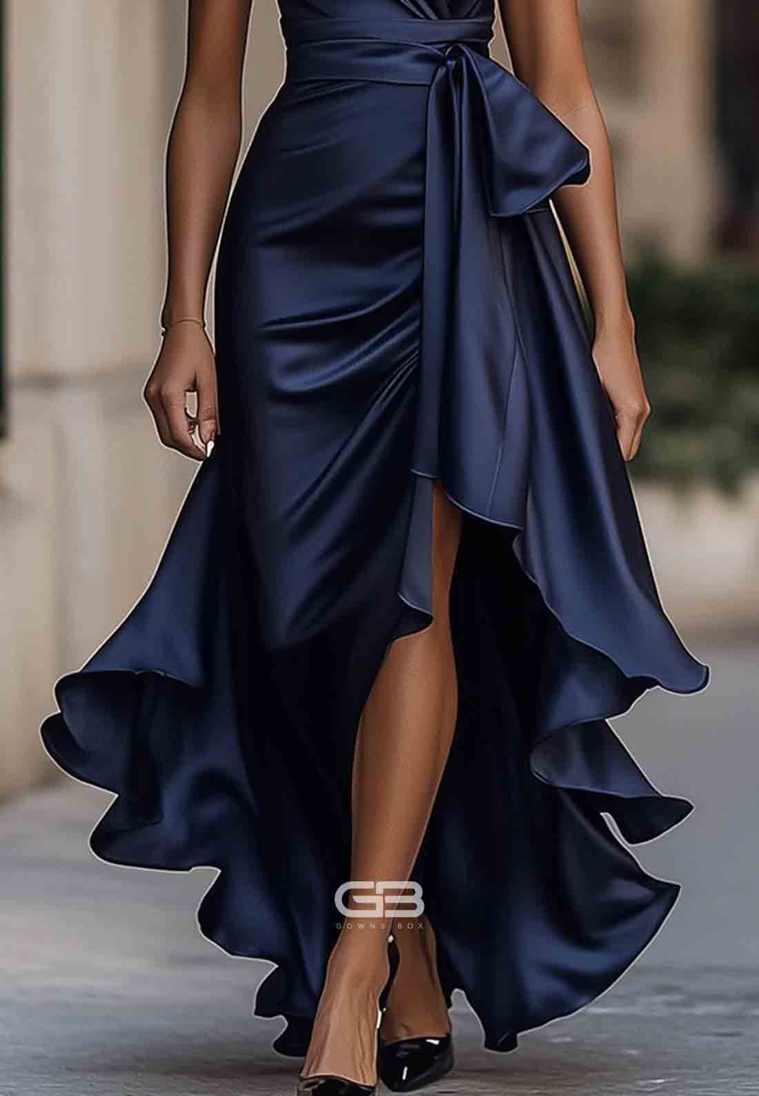 Elegant V-Neck Pleated Satin Halter Neck Asymmetrical Satin Evening Gowns