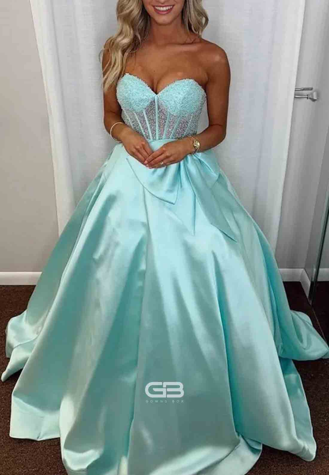 Sweetheart Satin Strapless Beaded A-Line Prom Dresses with Bowknot