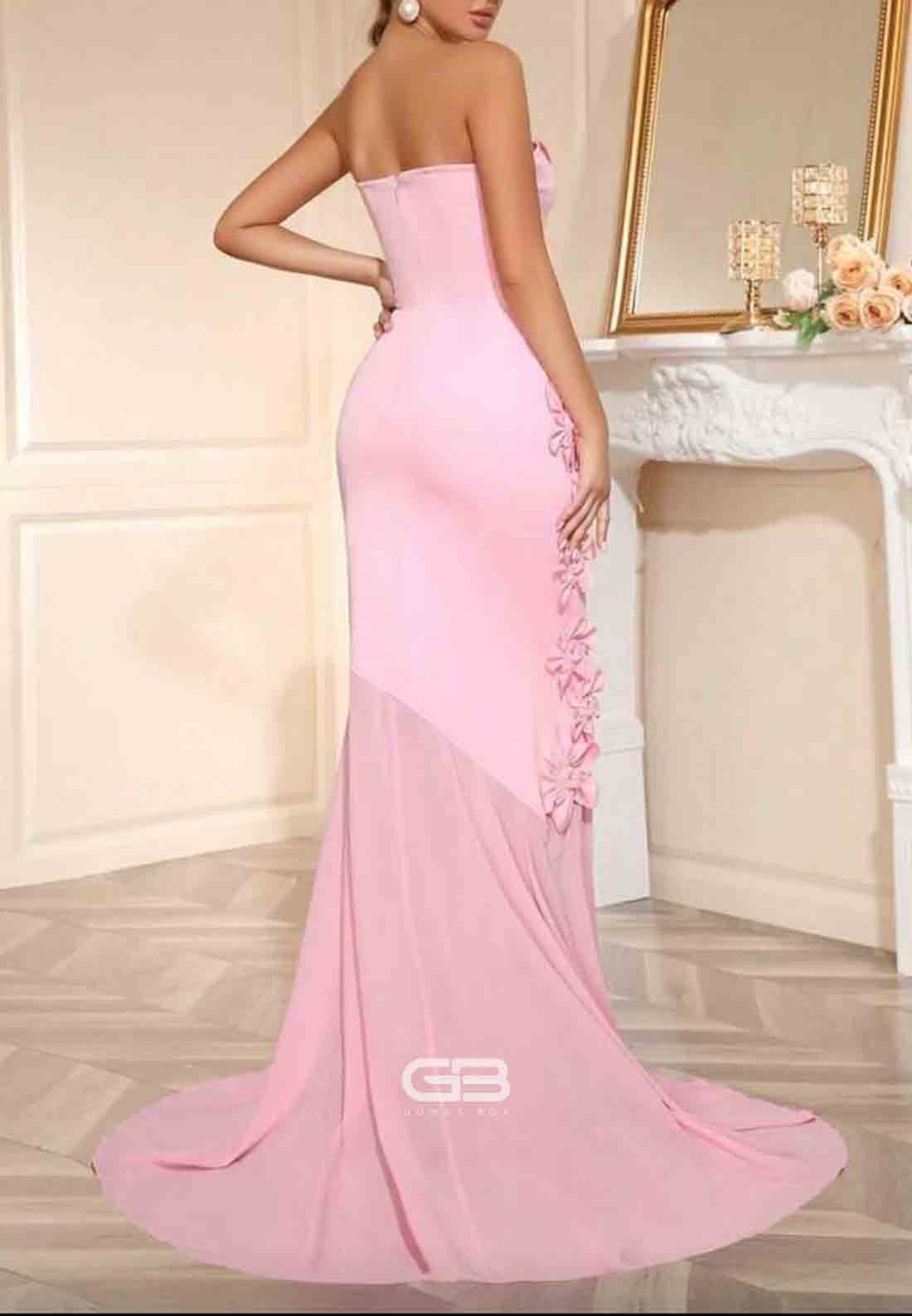 Pink Strapless Mermaid Sweep Train Evening Gowns with 3D Flowers