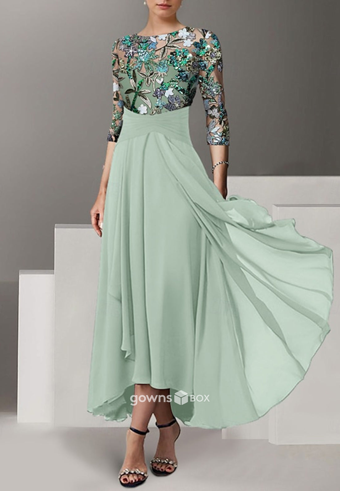 Beading Pleated Pleated 3/4 Sleeve Tea-Length Chiffon A-Line Mother of the Bride Dresses-GownsBox