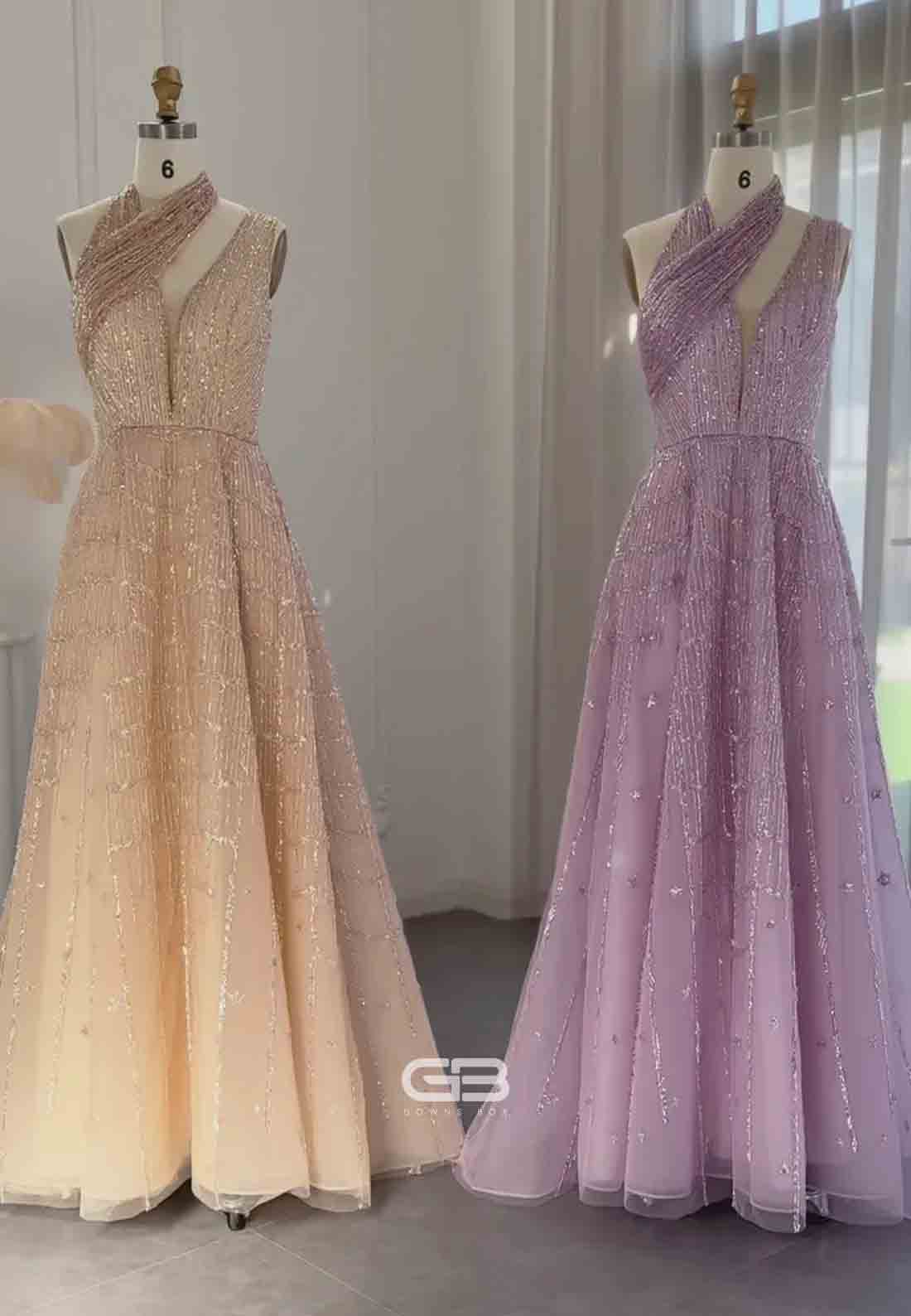 Luxury Beaded Prom Dresses A-Line Halter One Shoulder Evening Dress with Beading