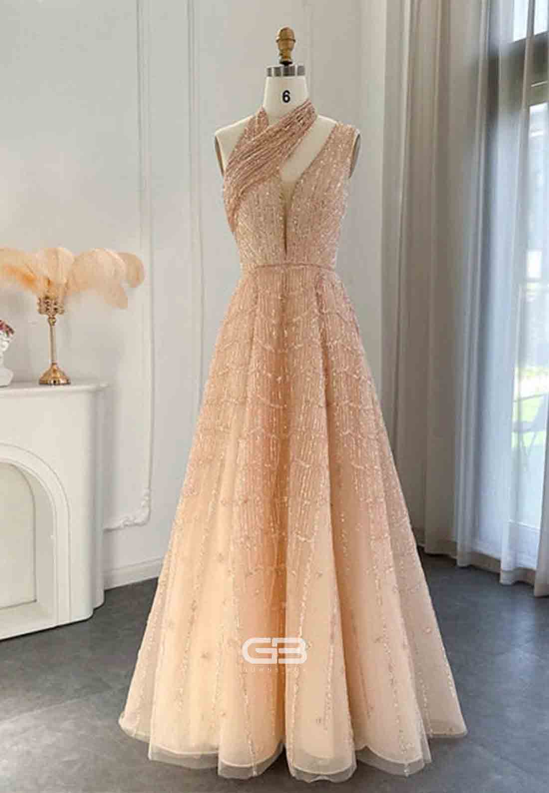 Luxury One Shoulder A-Line Prom Dresses Halter Evening Dress with Beading