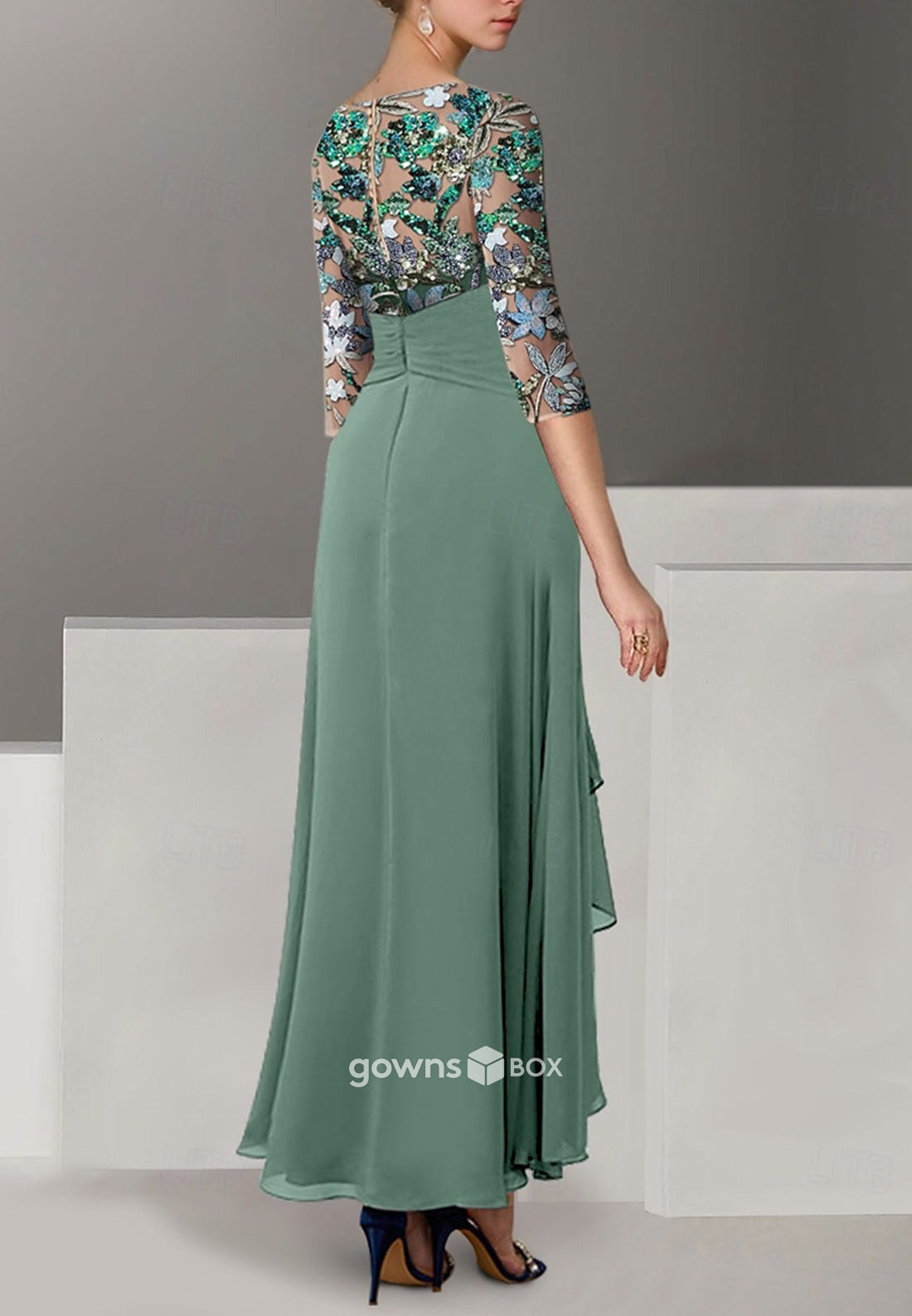 Beading Pleated Pleated 3/4 Sleeve Tea-Length Chiffon A-Line Mother of the Bride Dresses-GownsBox