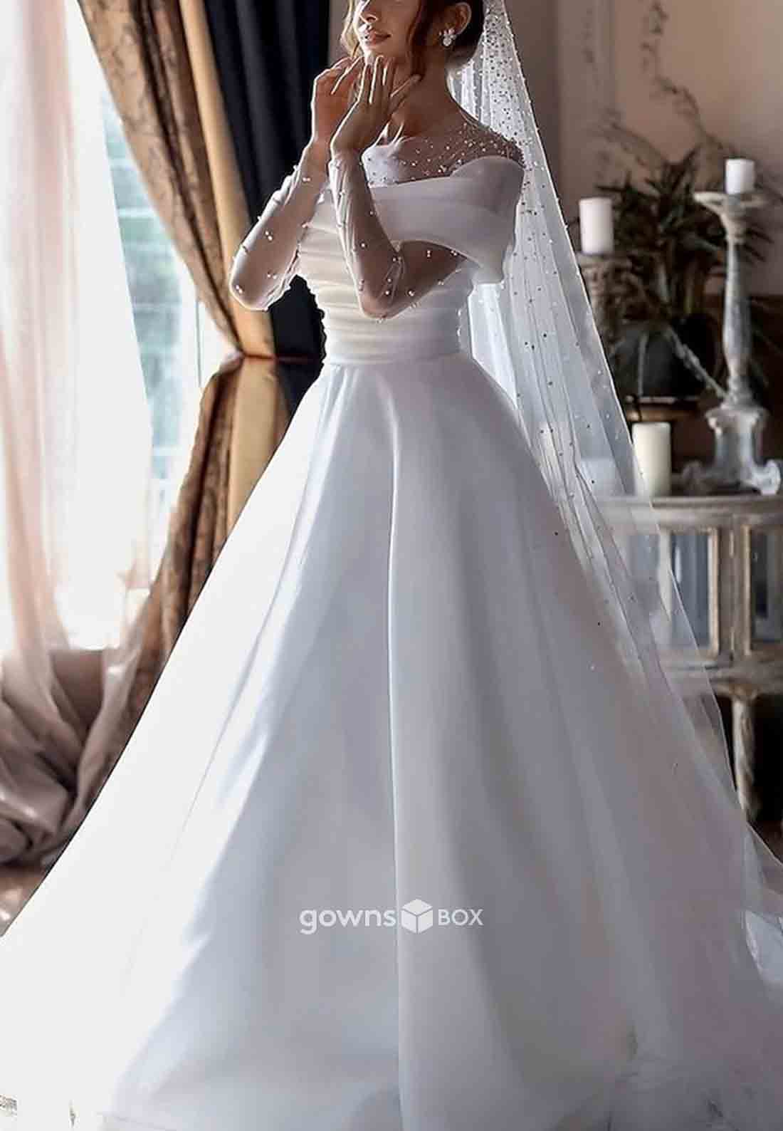 Long Sleeves Sweep Train Satin Pleated Princess Pearls Wedding Dresses-GownsBox