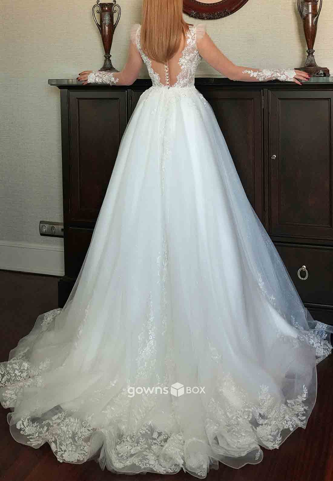 Long Sleeves Tulle Lace Empire Scalloped Neck Sweep Train Wedding Dresses-GownsBox