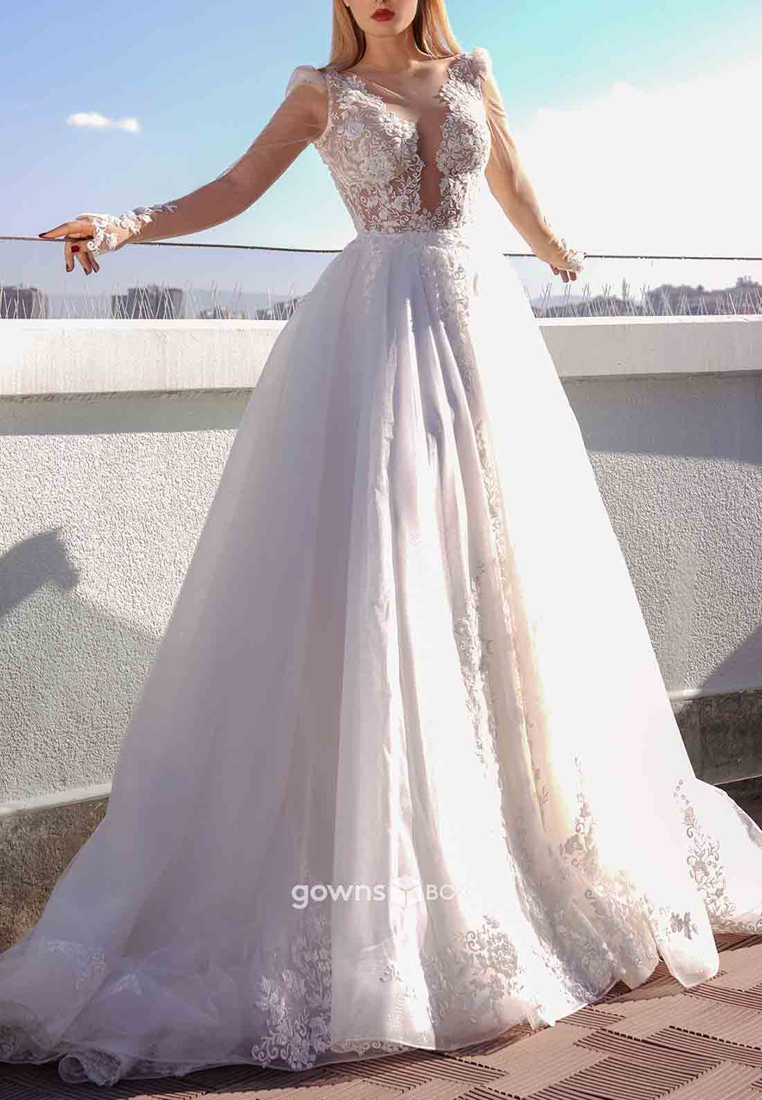 Long Sleeves Tulle Lace Empire Scalloped Neck Sweep Train Wedding Dresses-GownsBox
