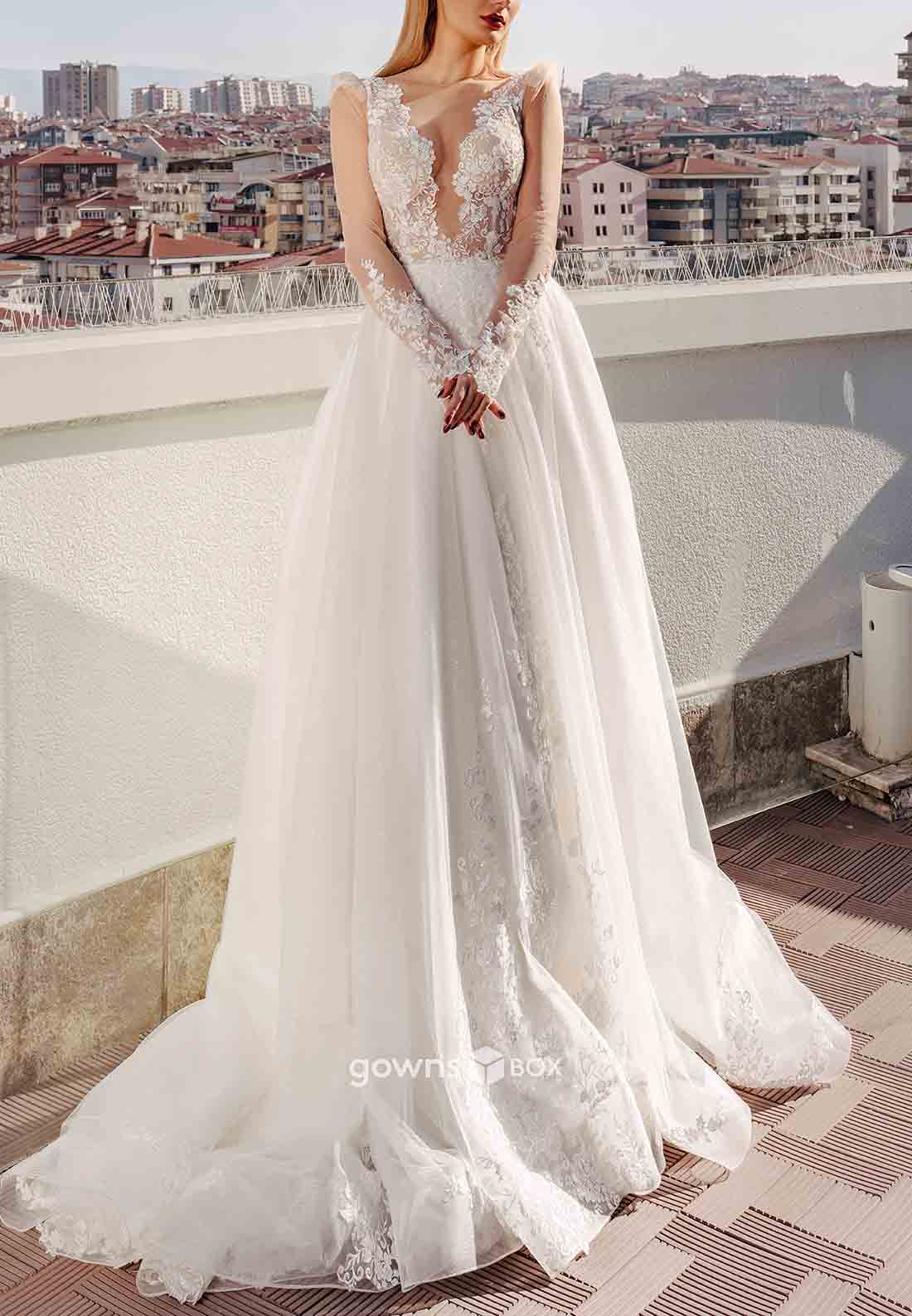 Long Sleeves Tulle Lace Empire Scalloped Neck Sweep Train Wedding Dresses-GownsBox