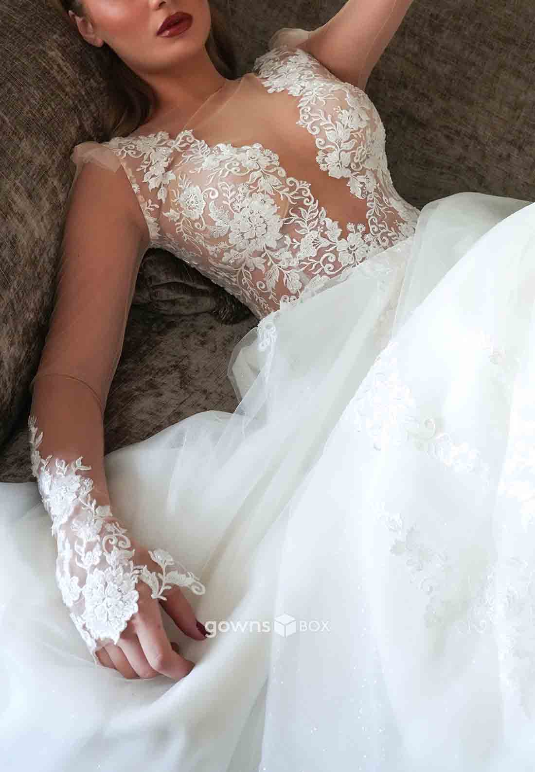Long Sleeves Tulle Lace Empire Scalloped Neck Sweep Train Wedding Dresses-GownsBox