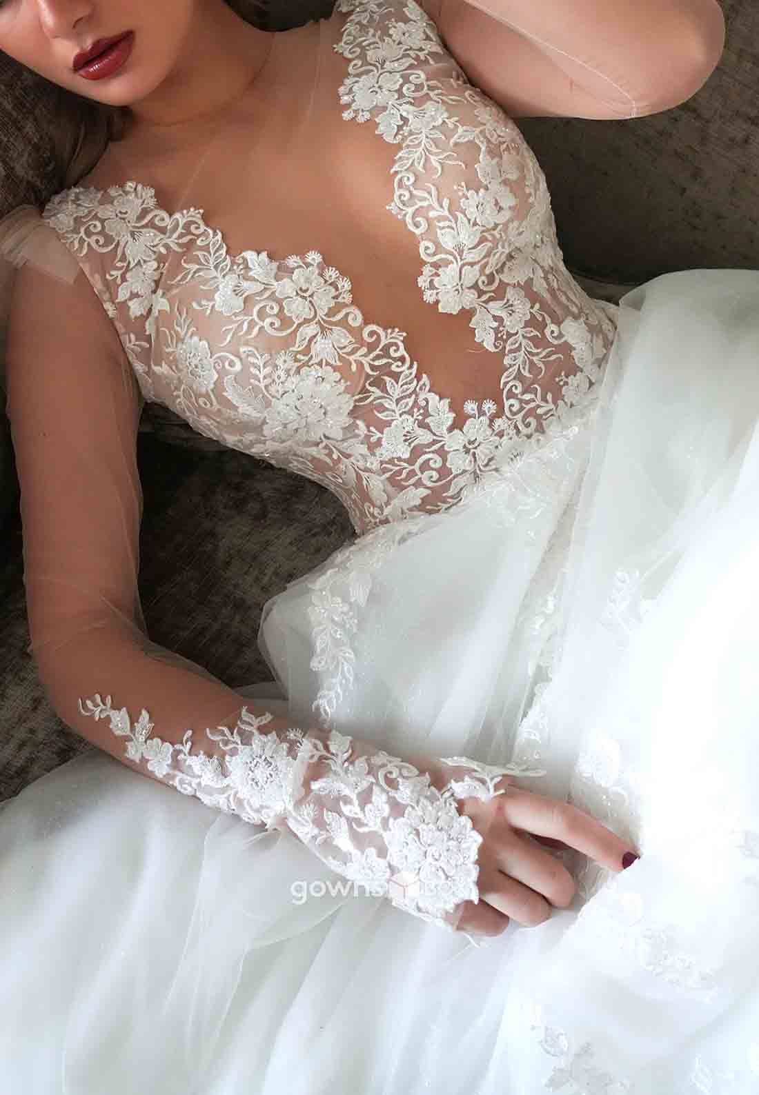 Long Sleeves Tulle Lace Empire Scalloped Neck Sweep Train Wedding Dresses-GownsBox