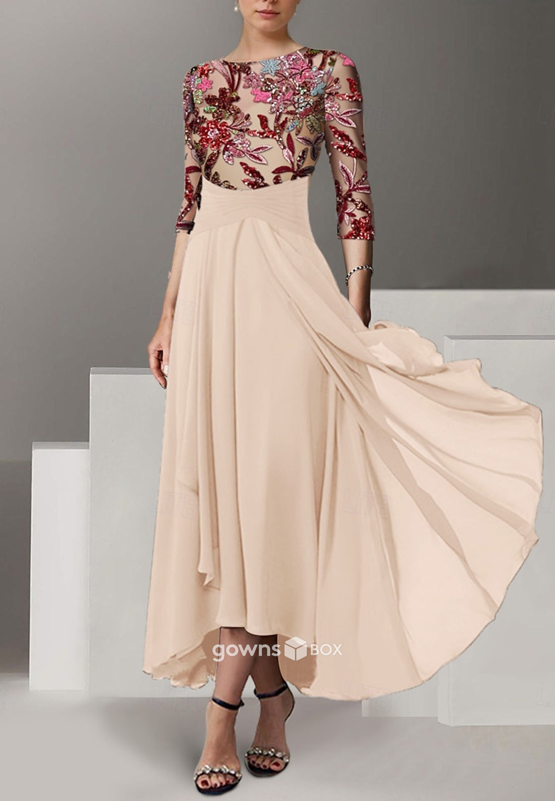 Beading Pleated Pleated 3/4 Sleeve Tea-Length Chiffon A-Line Mother of the Bride Dresses-GownsBox