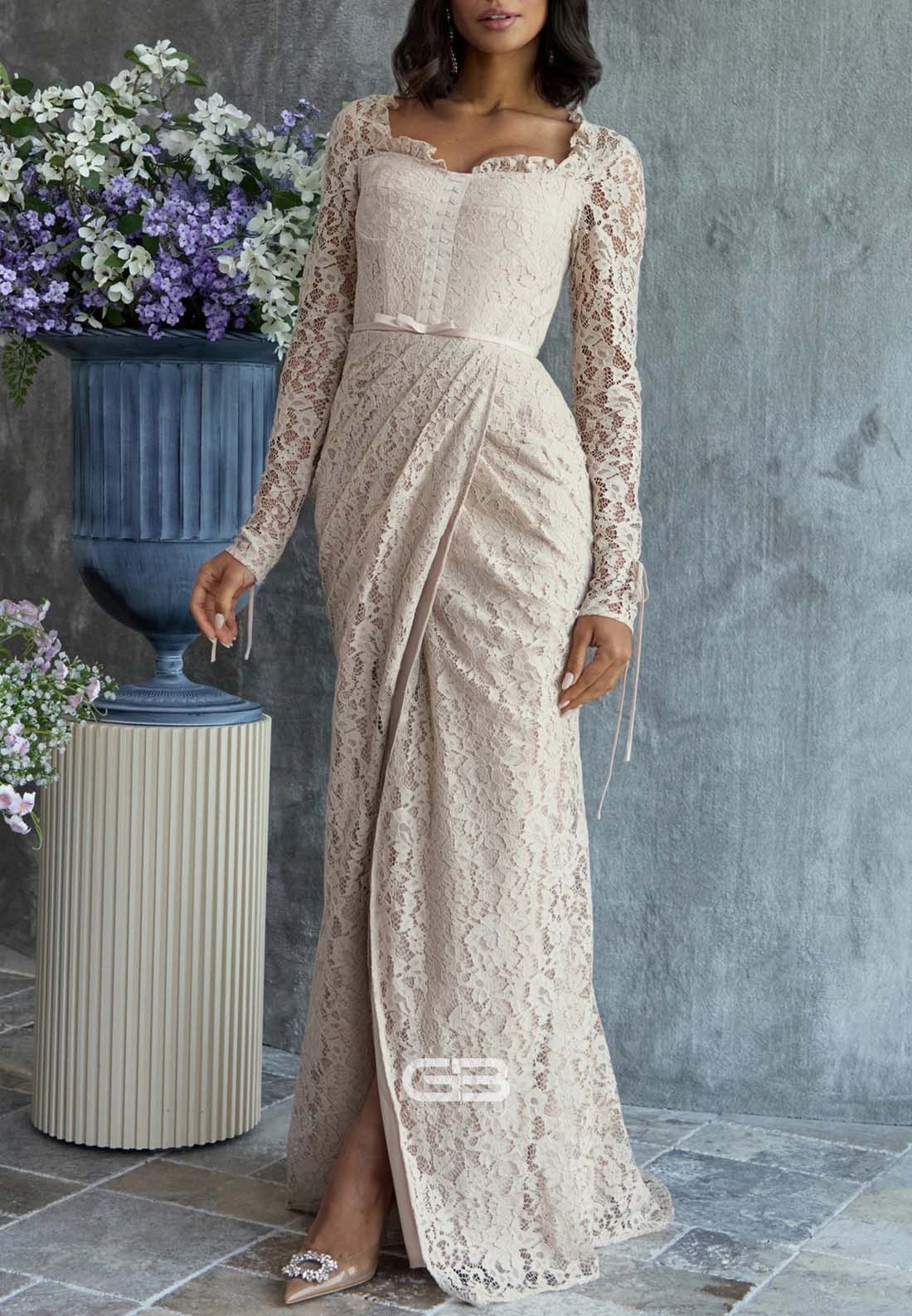 Lace Wedding Guest Long Sleeves Cut out Back Mermaid Evening Gowns with Slit