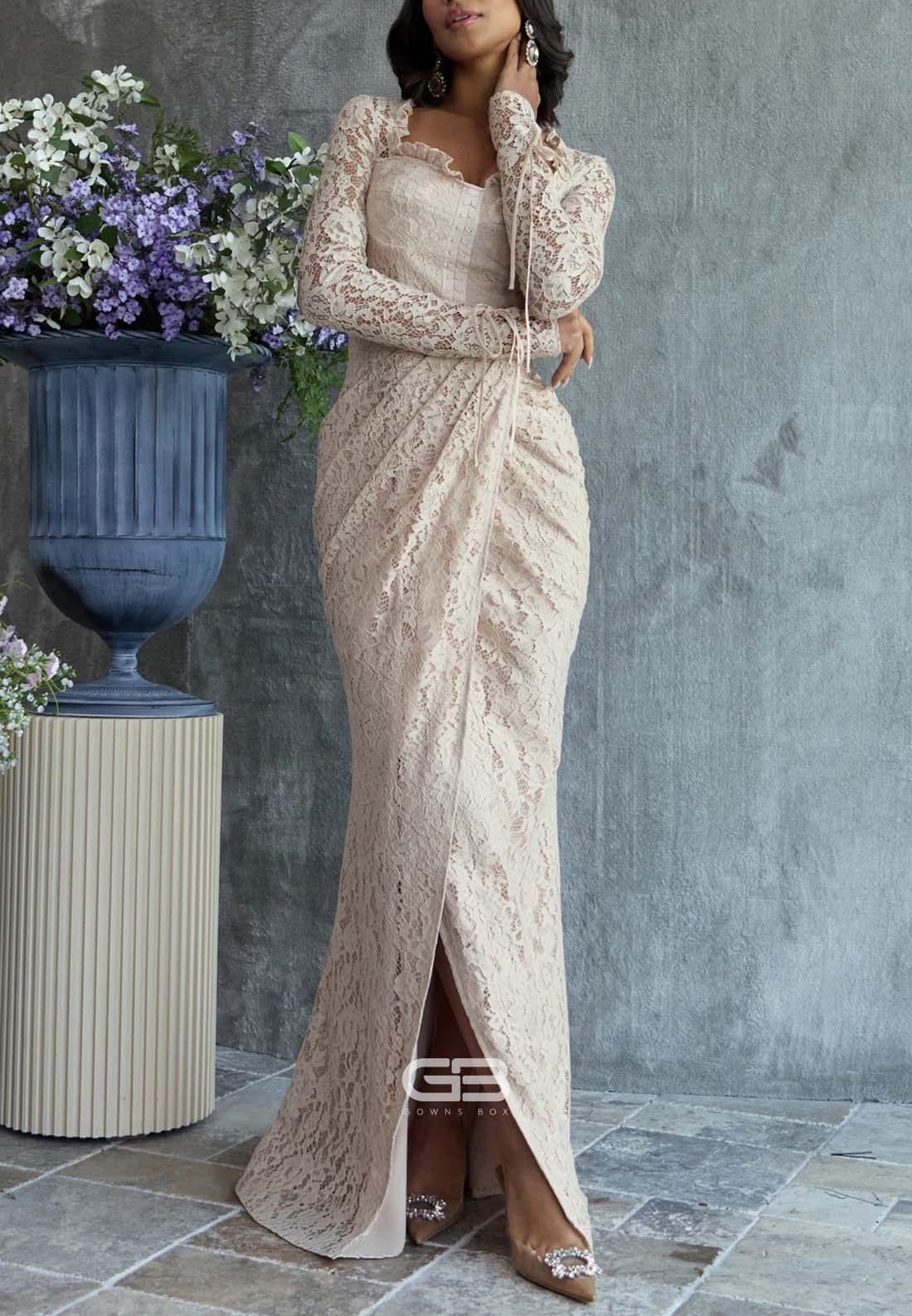 Lace Wedding Guest Long Sleeves Cut out Back Mermaid Evening Gowns with Slit