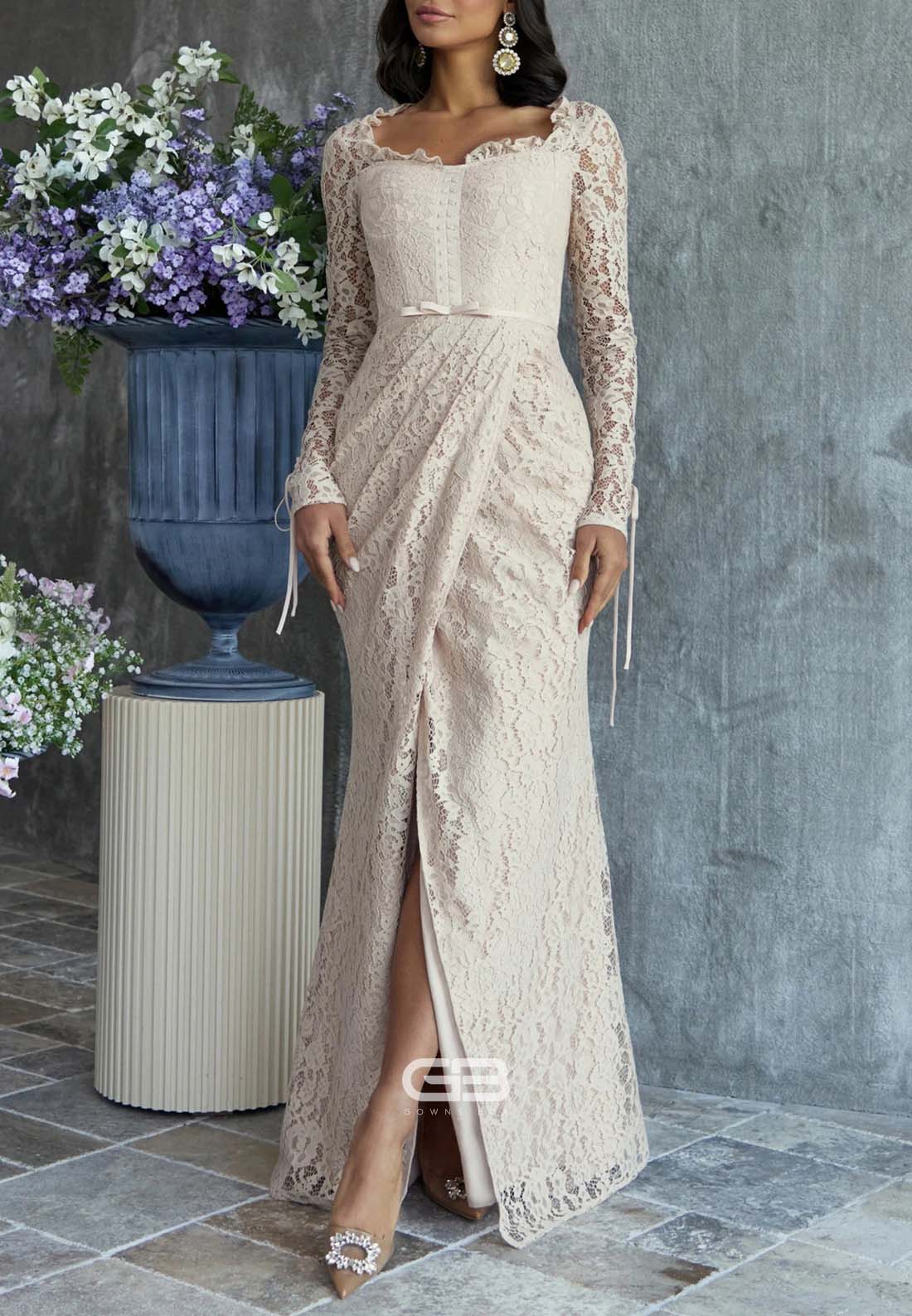 Lace Wedding Guest Long Sleeves Cut out Back Mermaid Evening Gowns with Slit