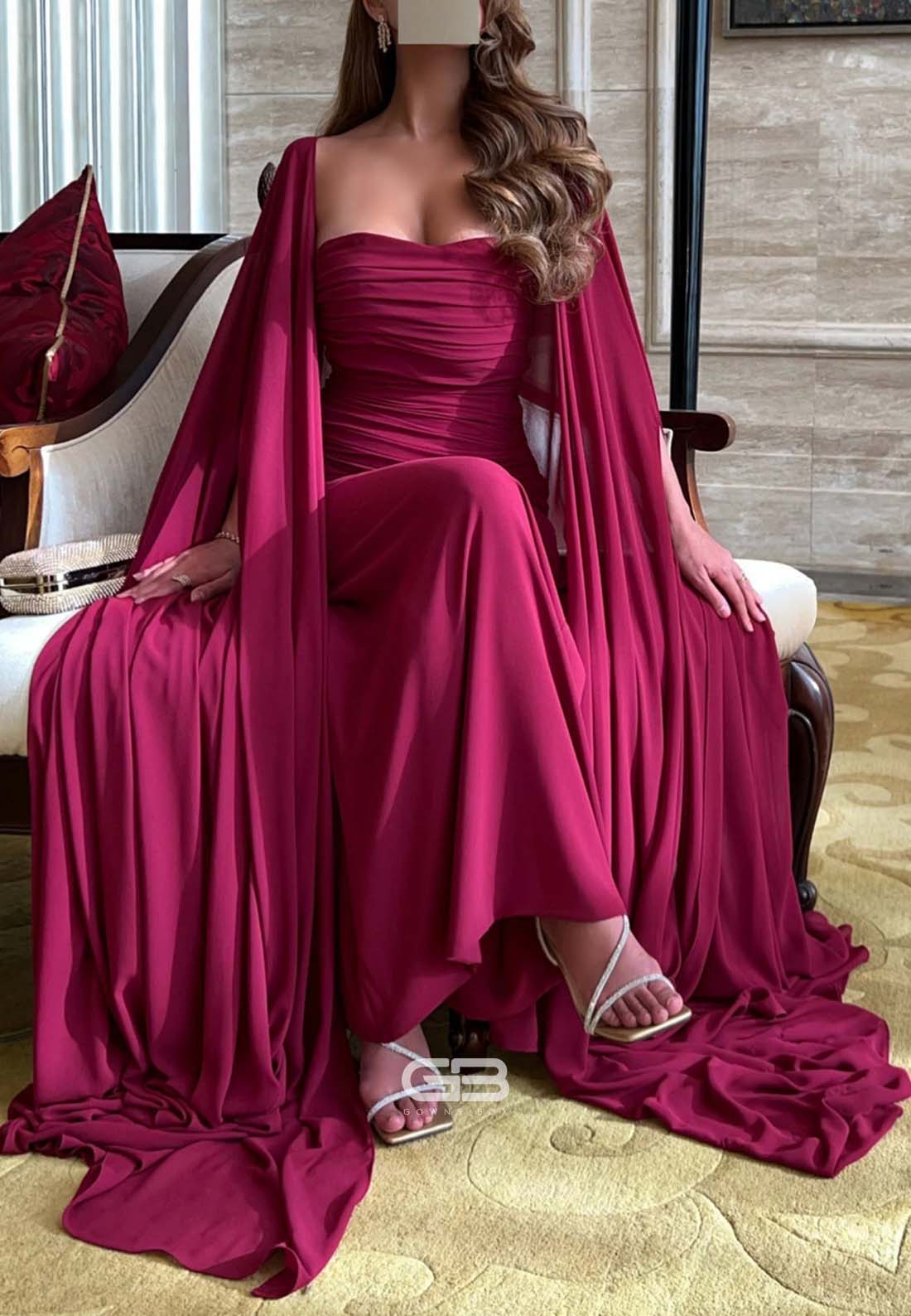 Sheath Evening Gowns with Ruffles and Cape