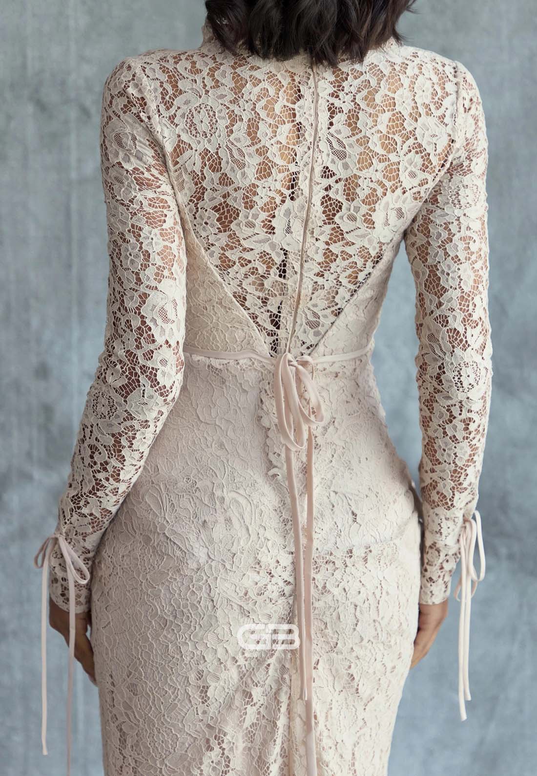 Lace Wedding Guest Long Sleeves Cut out Back Mermaid Evening Gowns with Slit