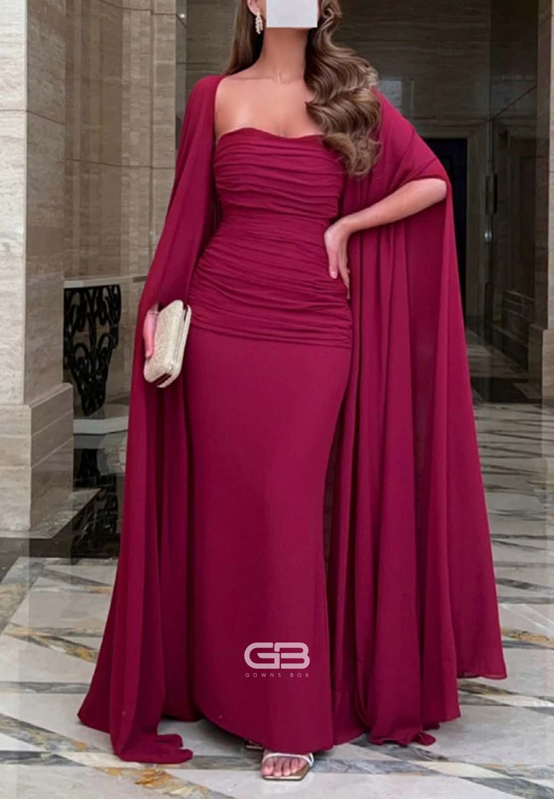 Sheath Evening Gowns with Ruffles and Cape