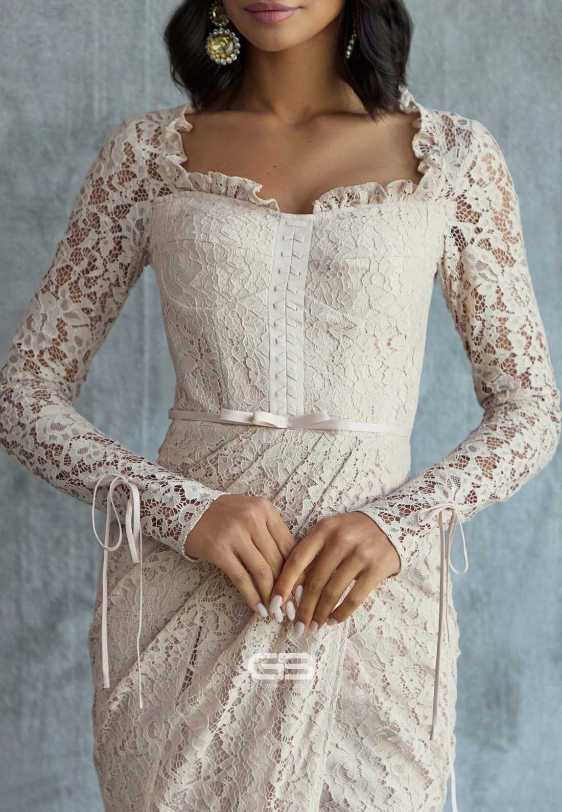 Lace Wedding Guest Long Sleeves Cut out Back Mermaid Evening Gowns with Slit