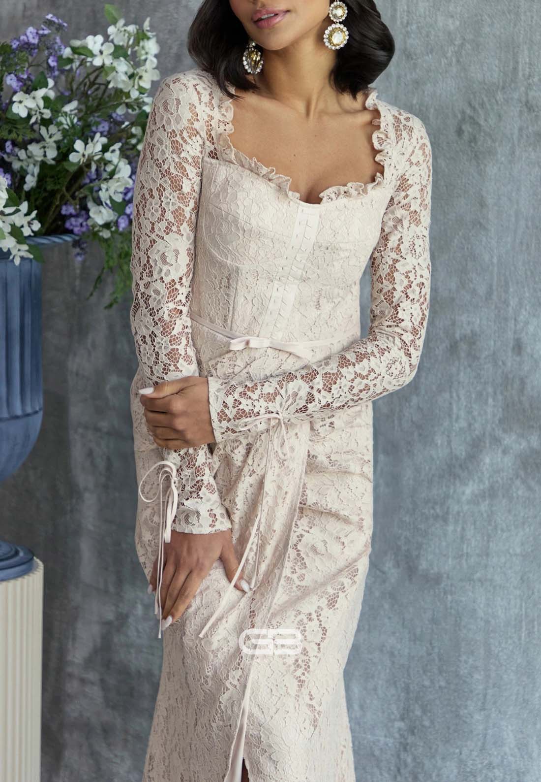 Lace Wedding Guest Long Sleeves Cut out Back Mermaid Evening Gowns with Slit