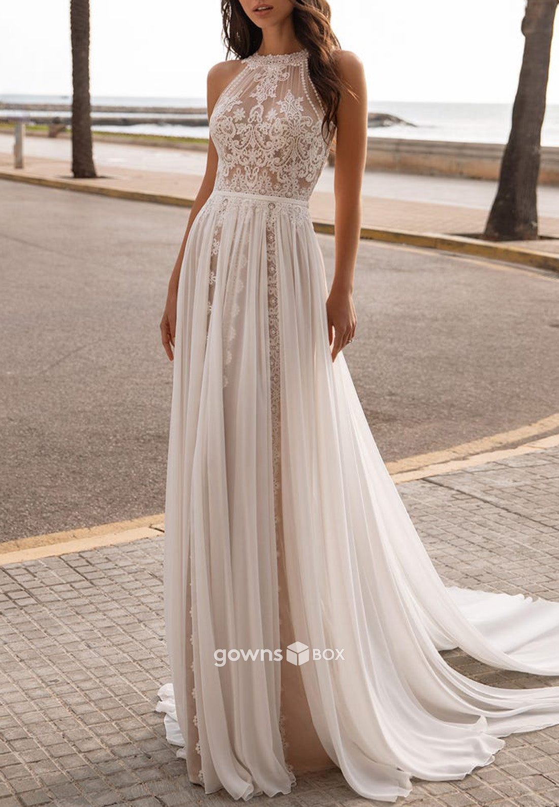 Cut out Back Lace Pleated Halter Sleeveless Tulle Court Train Wedding Dresses-GownsBox