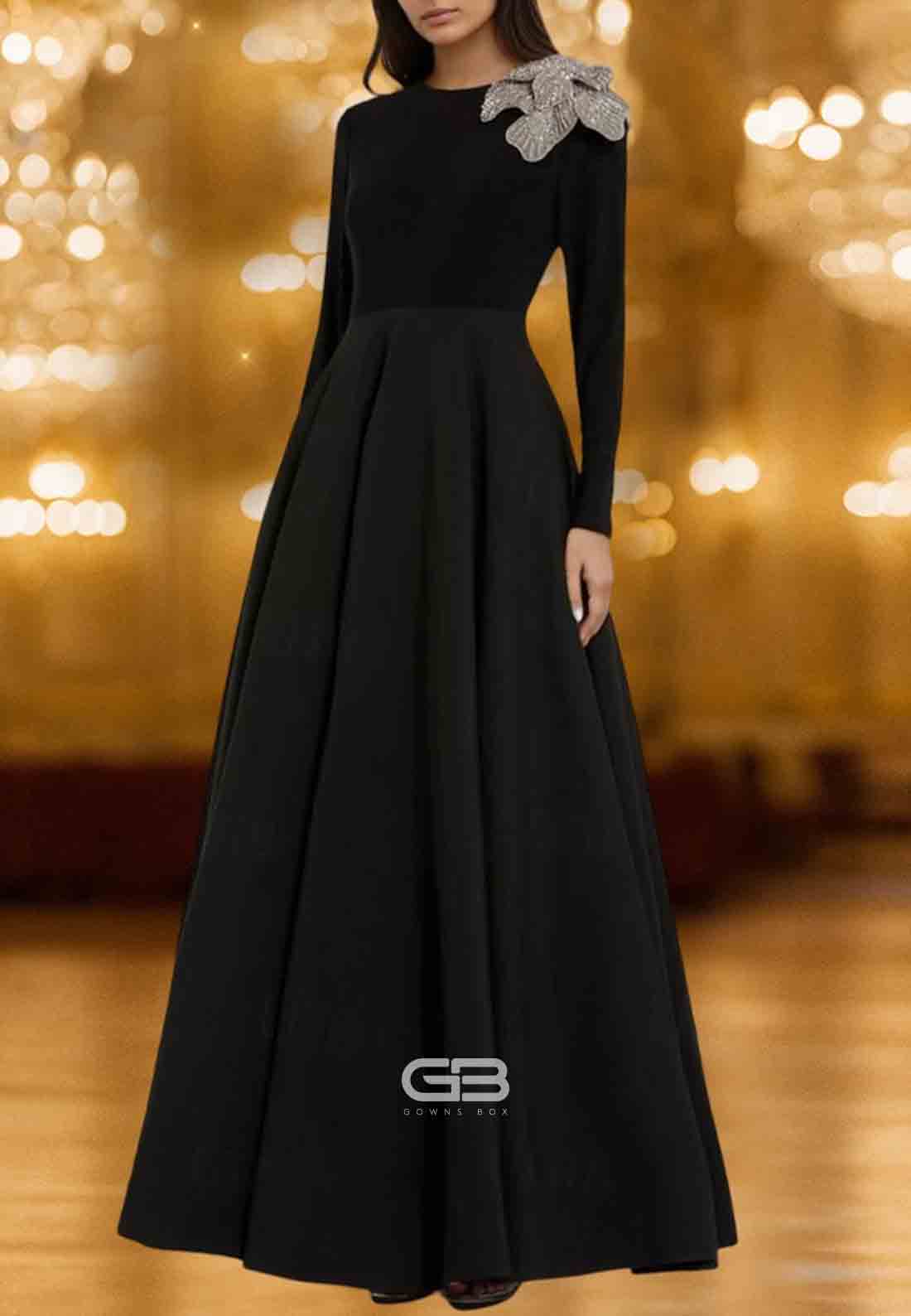 Long Sleeve A-Line Shoulder Flower Crew Neck Evening Gown with Beading Pocket