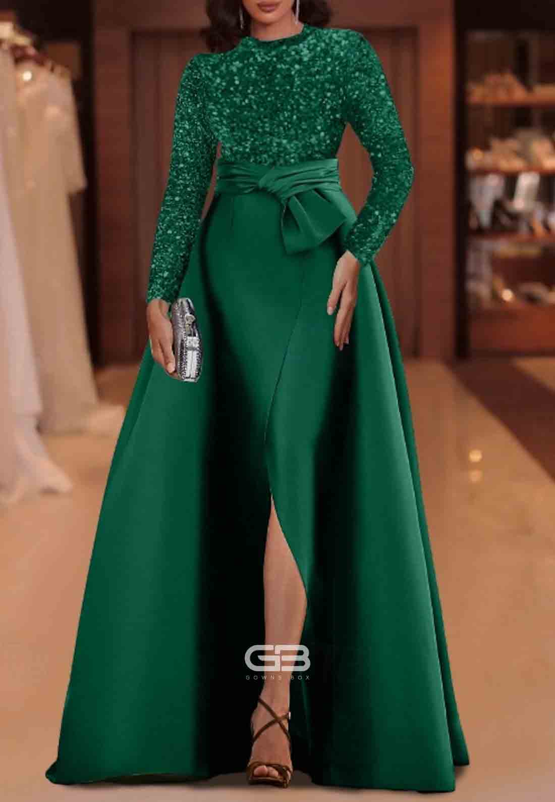 Satin Long Sleeves Evening Gowns with Keyhole