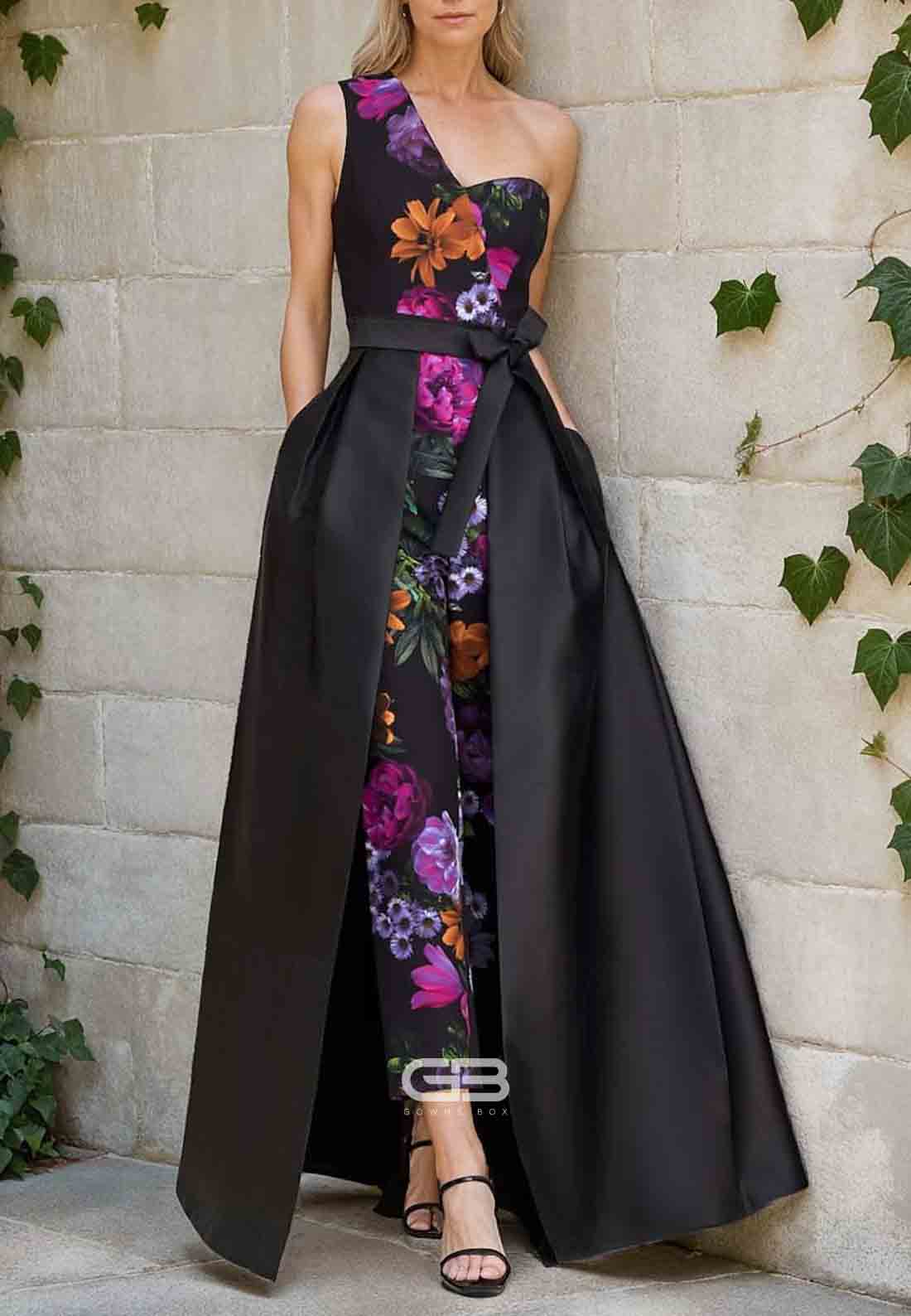 Floral Satin One Shoulder Sleeveless Jumpsuit Evening Gown with Ribbon