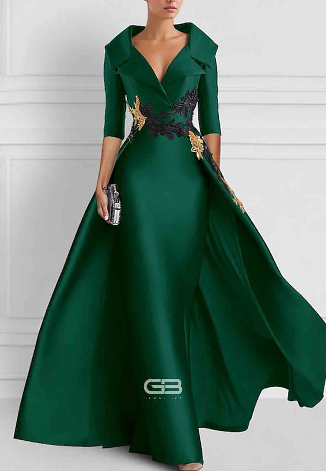 Vintage A-Line Embroidered 3/4 Sleeve Evening Gown Satin Tuxedo Dress with Appliques